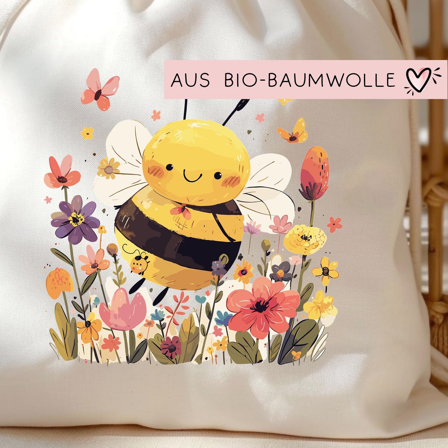 Turnbeutel Wäschebeutel Biene auf Blumenwiese - Kindergarten - Wunschnamen - Schule - mit Name - Wechselkleidung - Weihnachten kleinebuchstaben