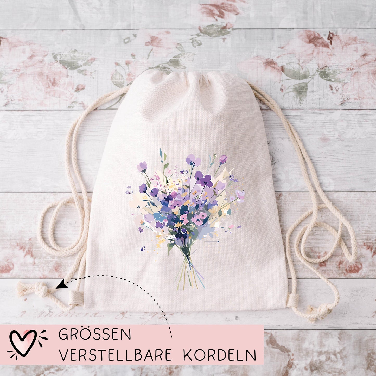 Turnbeutel Blumen Blumenstrauß Geschenk für Frauen - Mama - Muttertag - Oma - Weihnachten - Nikolaus - Mitbringsel statt Blumen kleinebuchstaben