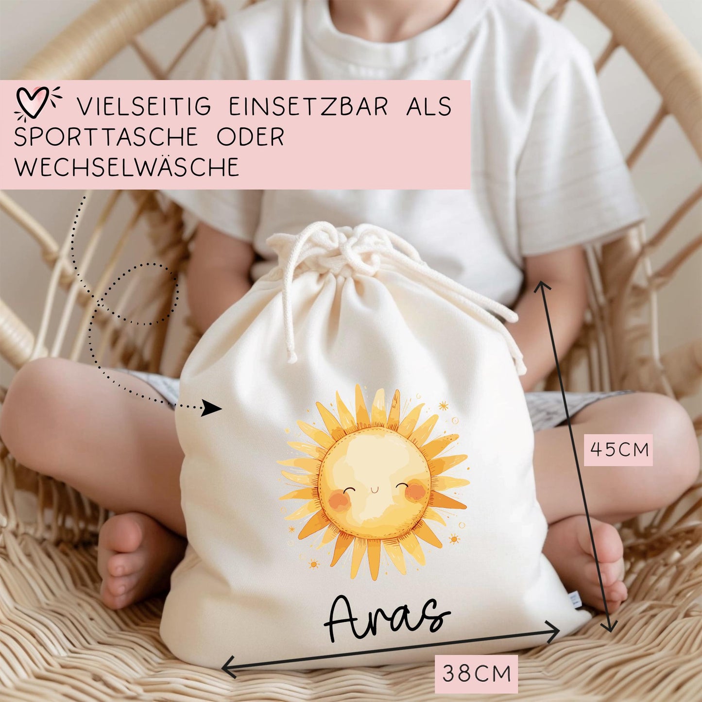 Turnbeutel Sonne Personalisiert - Sonnenschein - Wechselwäsche - Wunschnamen - Kindergarten - Schule - Name - Wechselkleidung - Weihnachten kleinebuchstaben