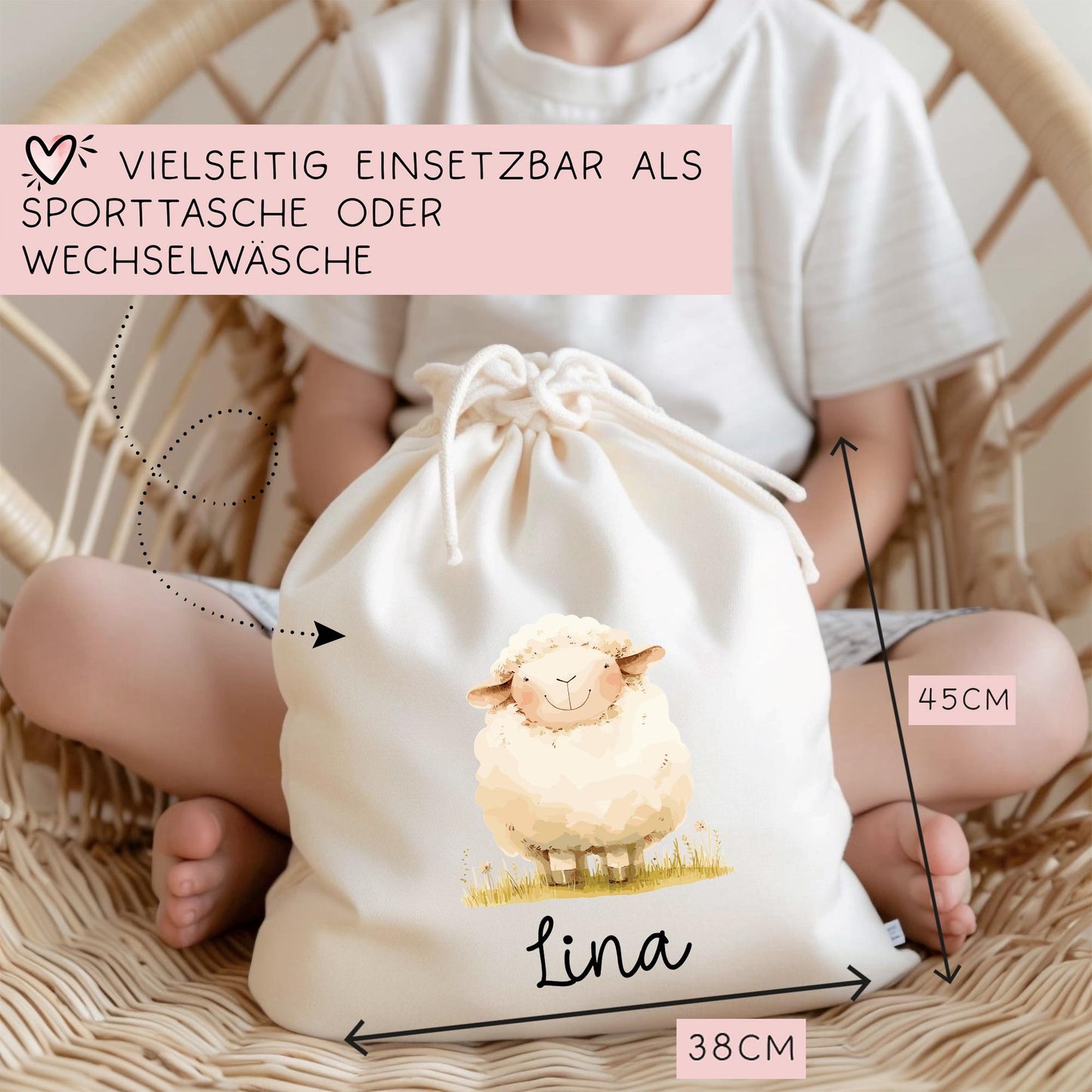 Turnbeutel Schaf mit Namen- Personalisiert - Wechselwäsche - Wunschnamen - Kindergarten - Schule - Name - Wechselkleidung - Weihnachten kleinebuchstaben