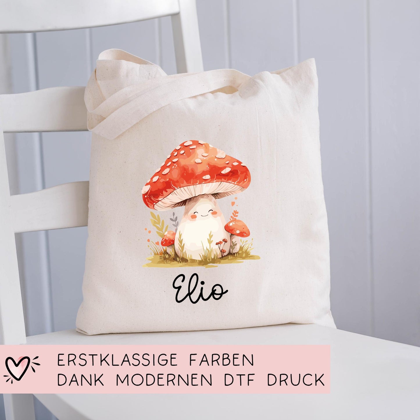Stofftasche Fliegenpilz mit Namen Baumwolltasche Tasche - Personalisiert Beutel Kindertasche -Wunschname - Wechselwäsche - Jutebeutel - KIGA kleinebuchstaben