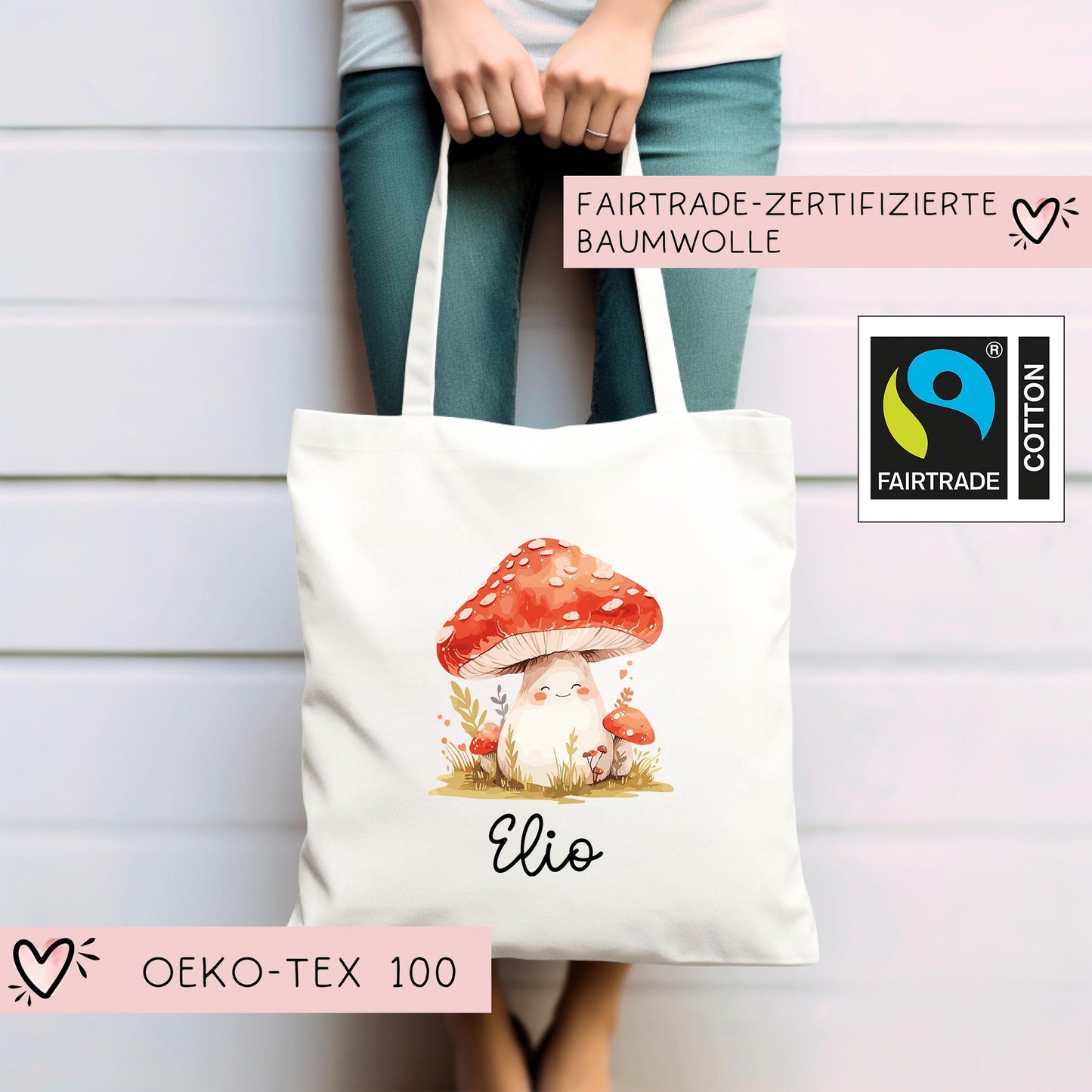 Stofftasche Fliegenpilz mit Namen Baumwolltasche Tasche - Personalisiert Beutel Kindertasche -Wunschname - Wechselwäsche - Jutebeutel - KIGA kleinebuchstaben
