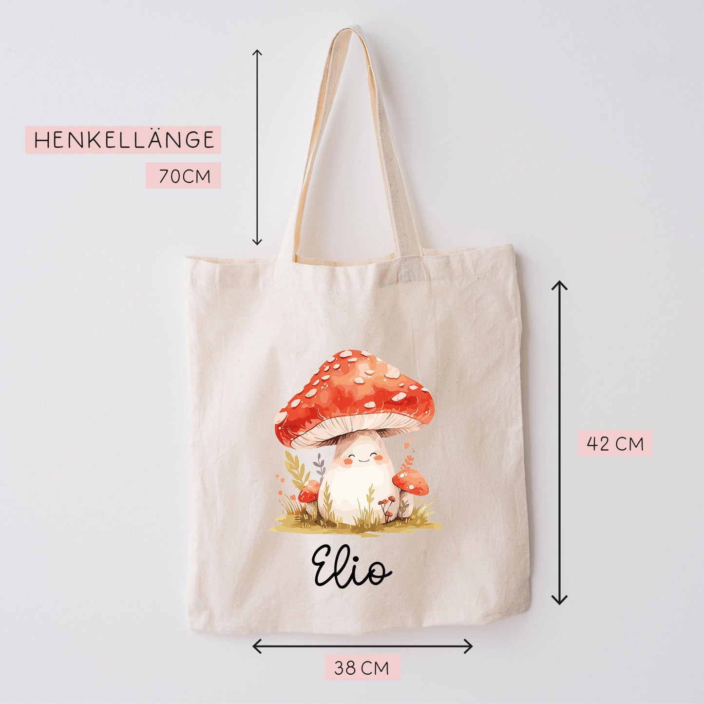 Stofftasche Fliegenpilz mit Namen Baumwolltasche Tasche - Personalisiert Beutel Kindertasche -Wunschname - Wechselwäsche - Jutebeutel - KIGA kleinebuchstaben
