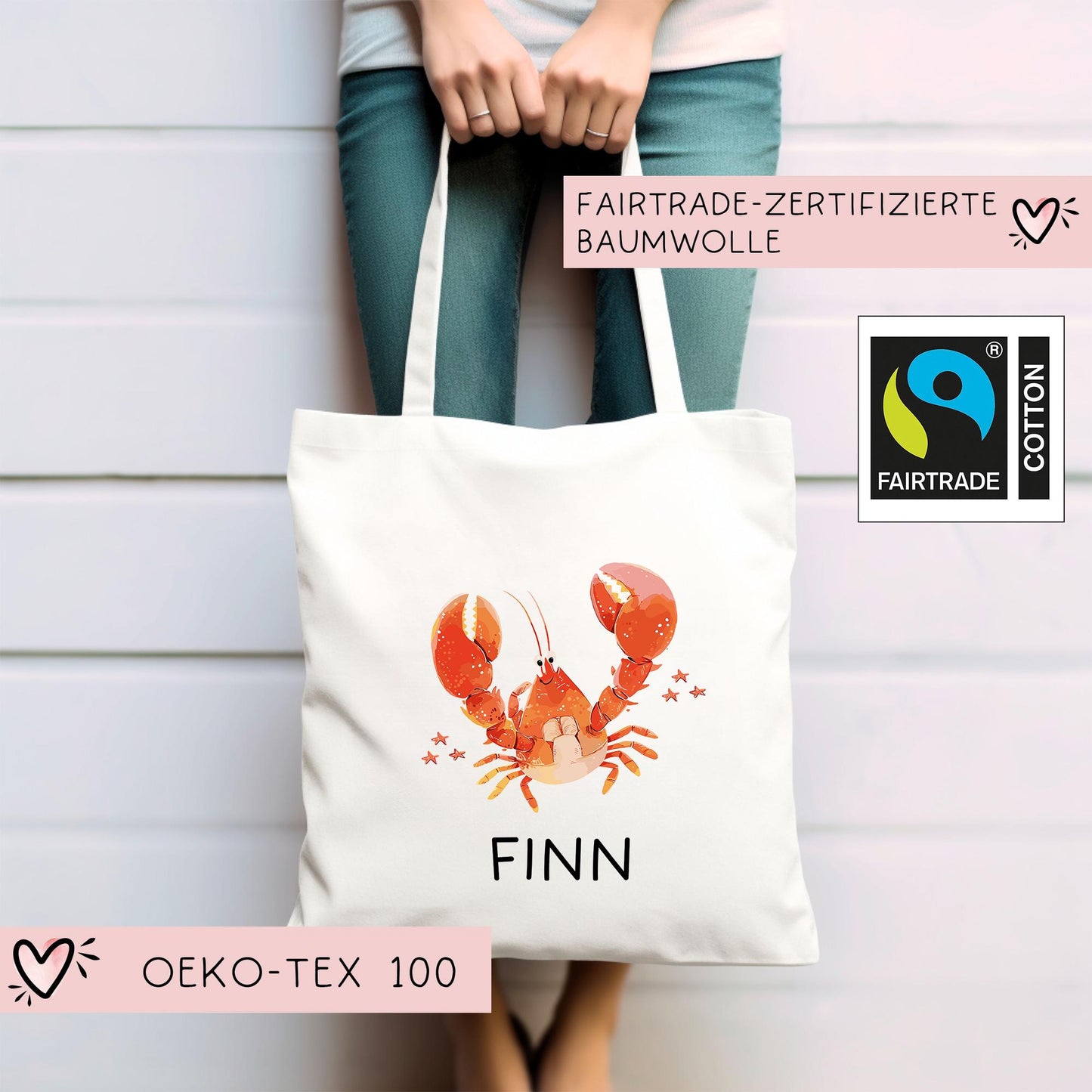 Stofftasche Krabbe mit Namen Baumwolltasche Tasche - Personalisiert Beutel Kindertasche mit Wunschname - Wechselwäsche - Jutebeutel - KIGA kleinebuchstaben