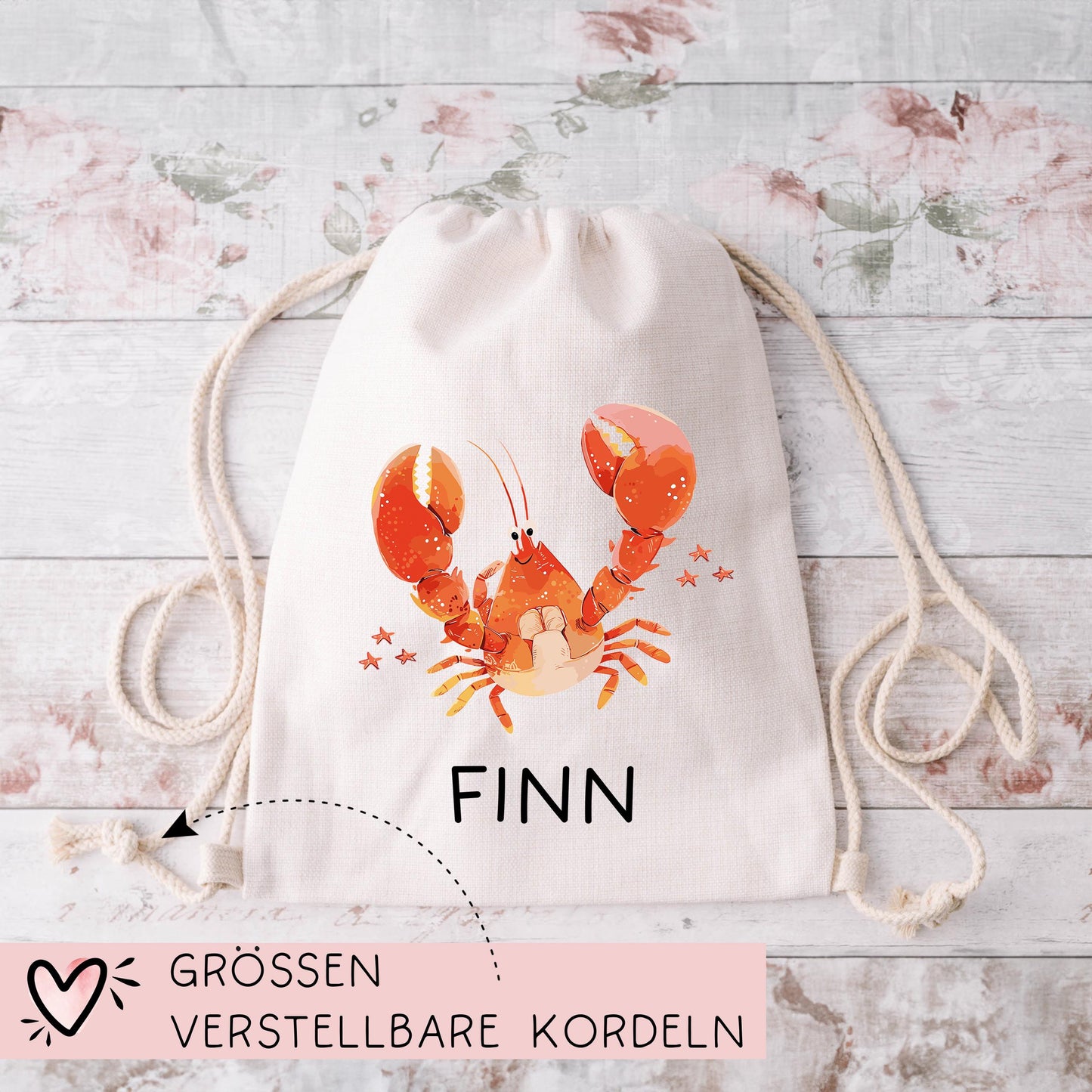 Stofftasche Krabbe mit Namen Baumwolltasche Tasche - Personalisiert Beutel Kindertasche mit Wunschname - Wechselwäsche - Jutebeutel - KIGA kleinebuchstaben