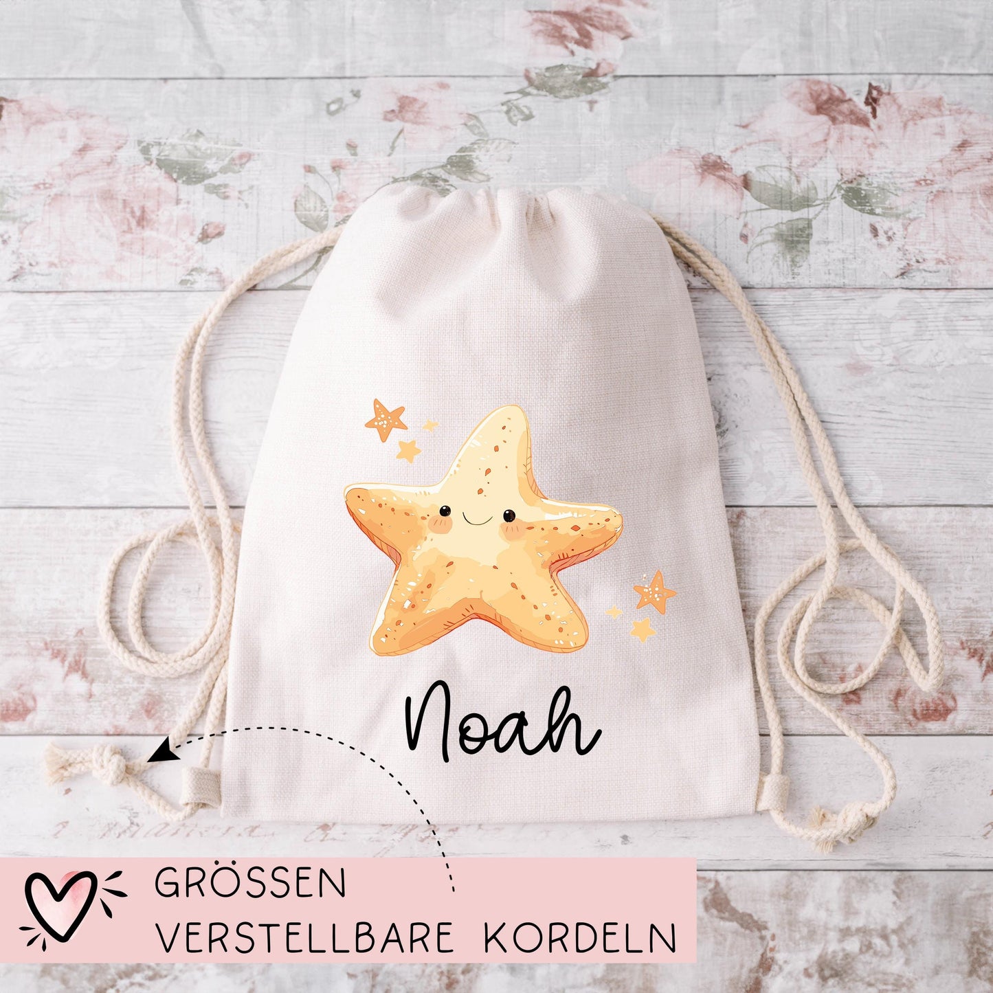 Stofftasche Seestern mit Namen Baumwolltasche Tasche - Personalisiert Beutel Kindertasche mit Wunschname - Wechselwäsche - Jutebeutel - KIGA kleinebuchstaben