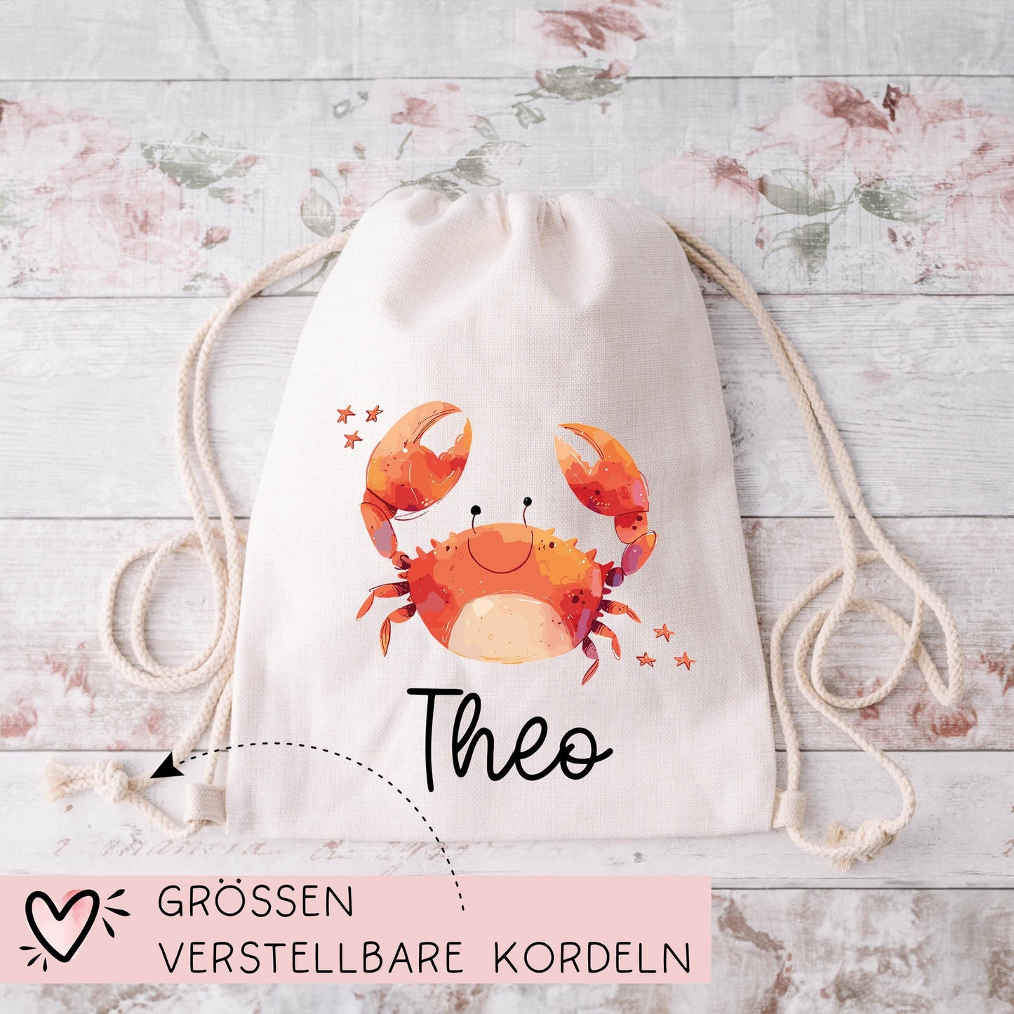 Stofftasche Krebs mit Namen Baumwolltasche Tasche - Personalisiert Beutel Kindertasche mit Wunschname - Wechselwäsche - Jutebeutel - KIGA kleinebuchstaben