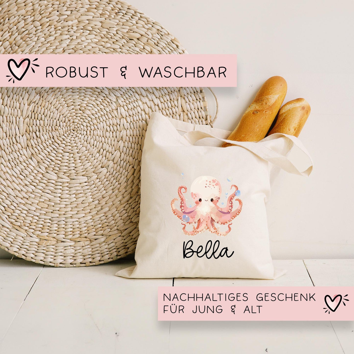 Stofftasche Krake mit Namen Baumwolltasche Tasche - Personalisiert Beutel Kindertasche mit Wunschname - Wechselwäsche - Jutebeutel - KIGA kleinebuchstaben