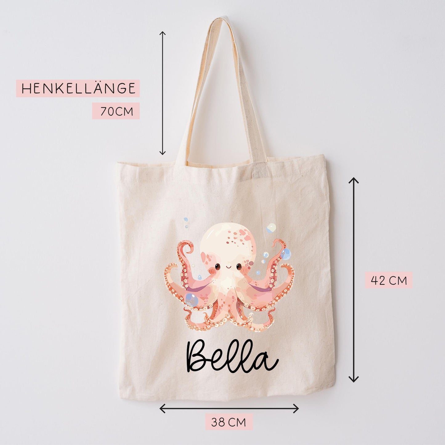 Stofftasche Krake mit Namen Baumwolltasche Tasche - Personalisiert Beutel Kindertasche mit Wunschname - Wechselwäsche - Jutebeutel - KIGA kleinebuchstaben