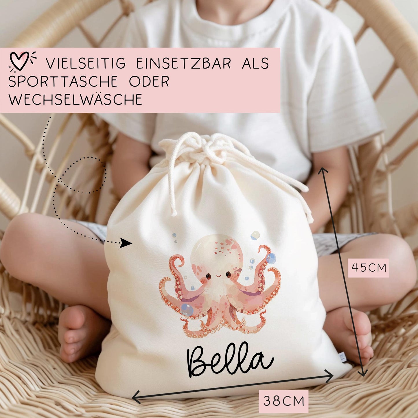 Turnbeutel Krake mit Namen - Personalisiert - Wechselwäsche - Wunschnamen - Kindergarten - Schule - Name - Wechselkleidung - Weihnachten kleinebuchstaben