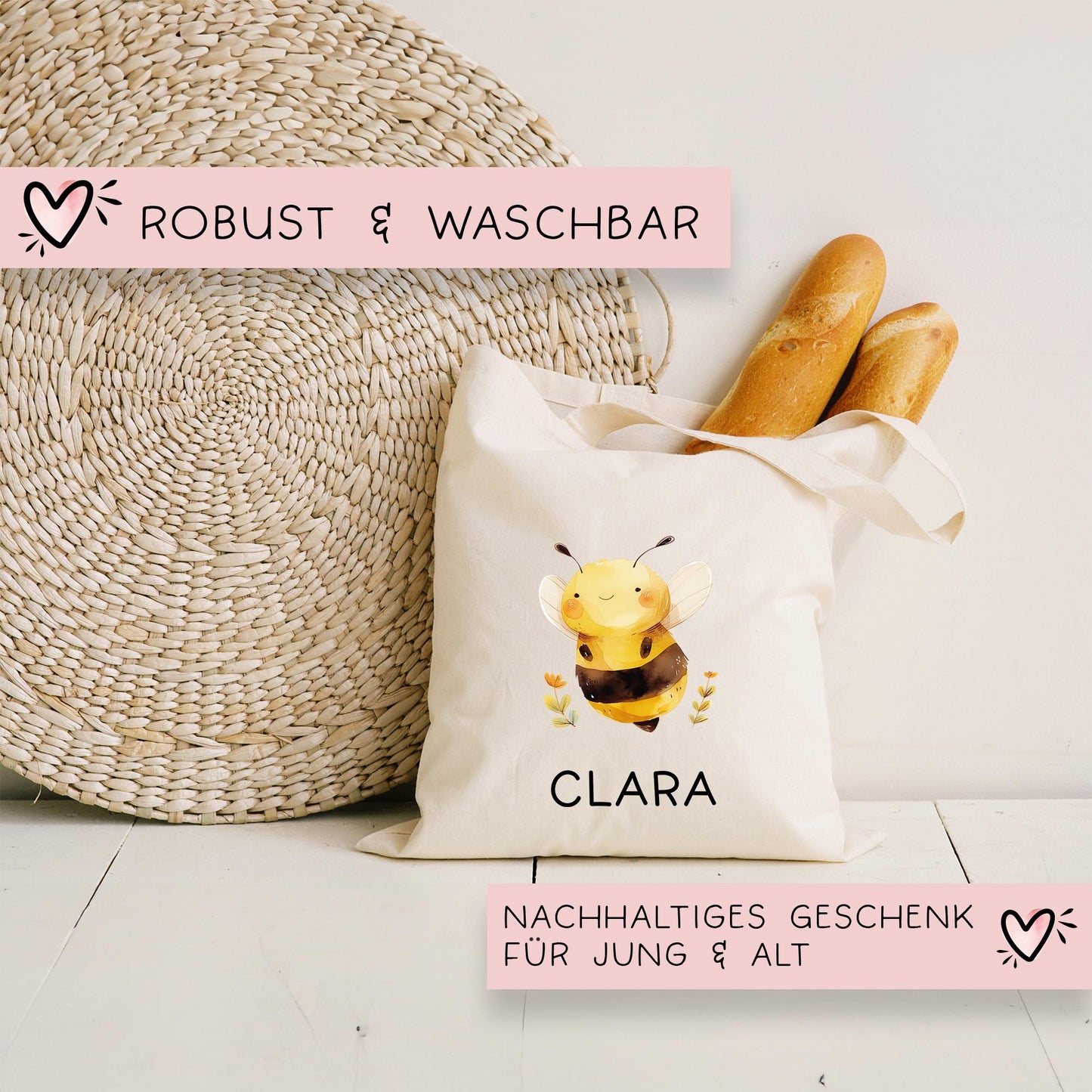 Stofftasche Biene mit Namen Baumwolltasche Tasche - Personalisiert Beutel Kindertasche mit Wunschname - Wechselwäsche - Jutebeutel - KIGA kleinebuchstaben
