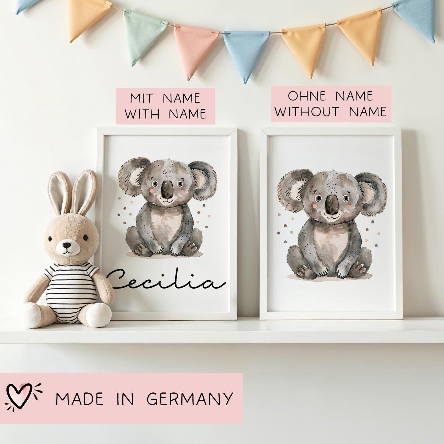 Koala DIN A4 Poster mit Namen - Personalisiert mit od. ohne Namen für Kinderzimmer -Namensposter - Geschenkidee. Geschenk - Wanddeko Jungen kleinebuchstaben