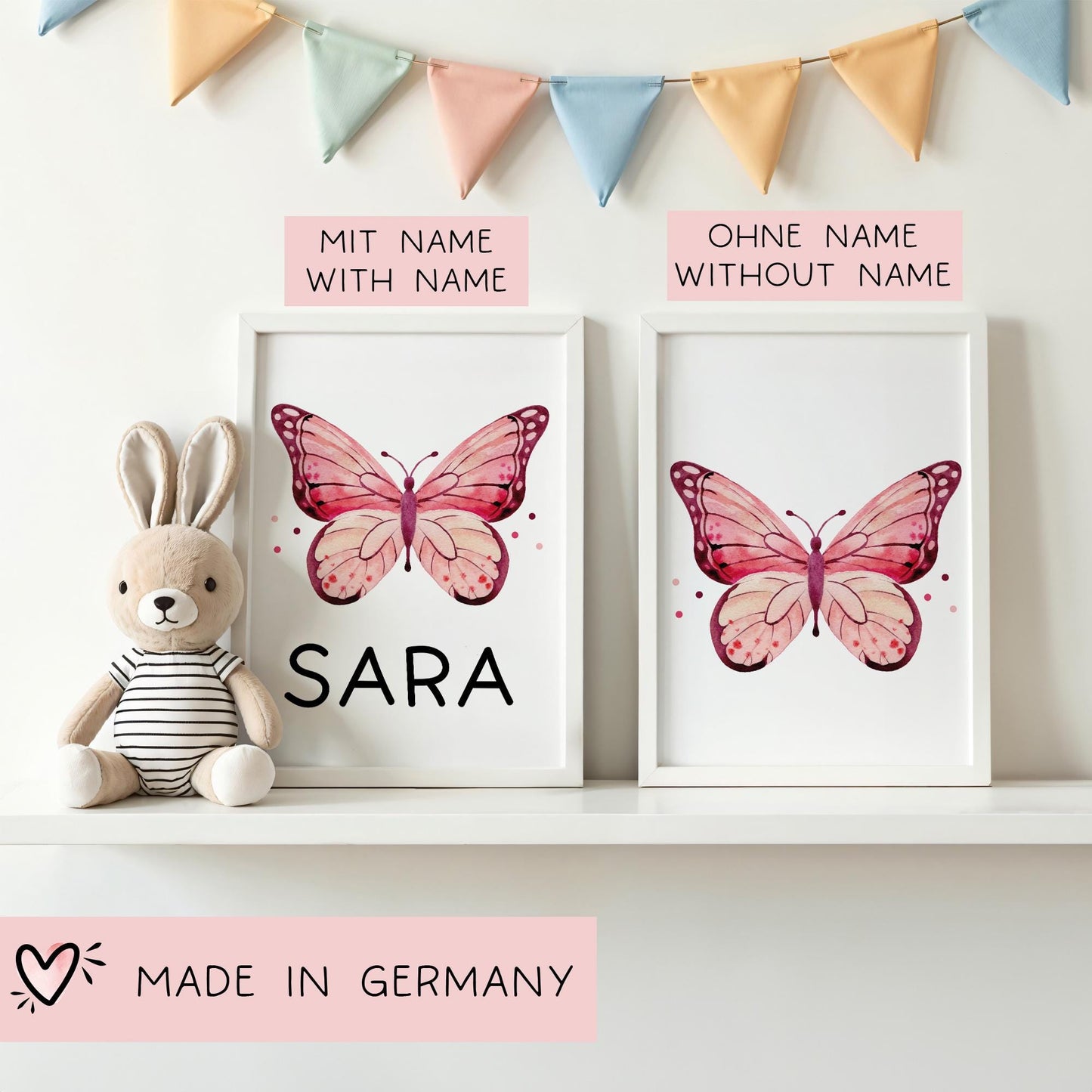 Schmetterling DIN A4 Poster mit Namen - Personalisiert mit od. ohne Namen für Kinderzimmer -Namensposter - Geschenkidee - Wanddeko Tiere kleinebuchstaben