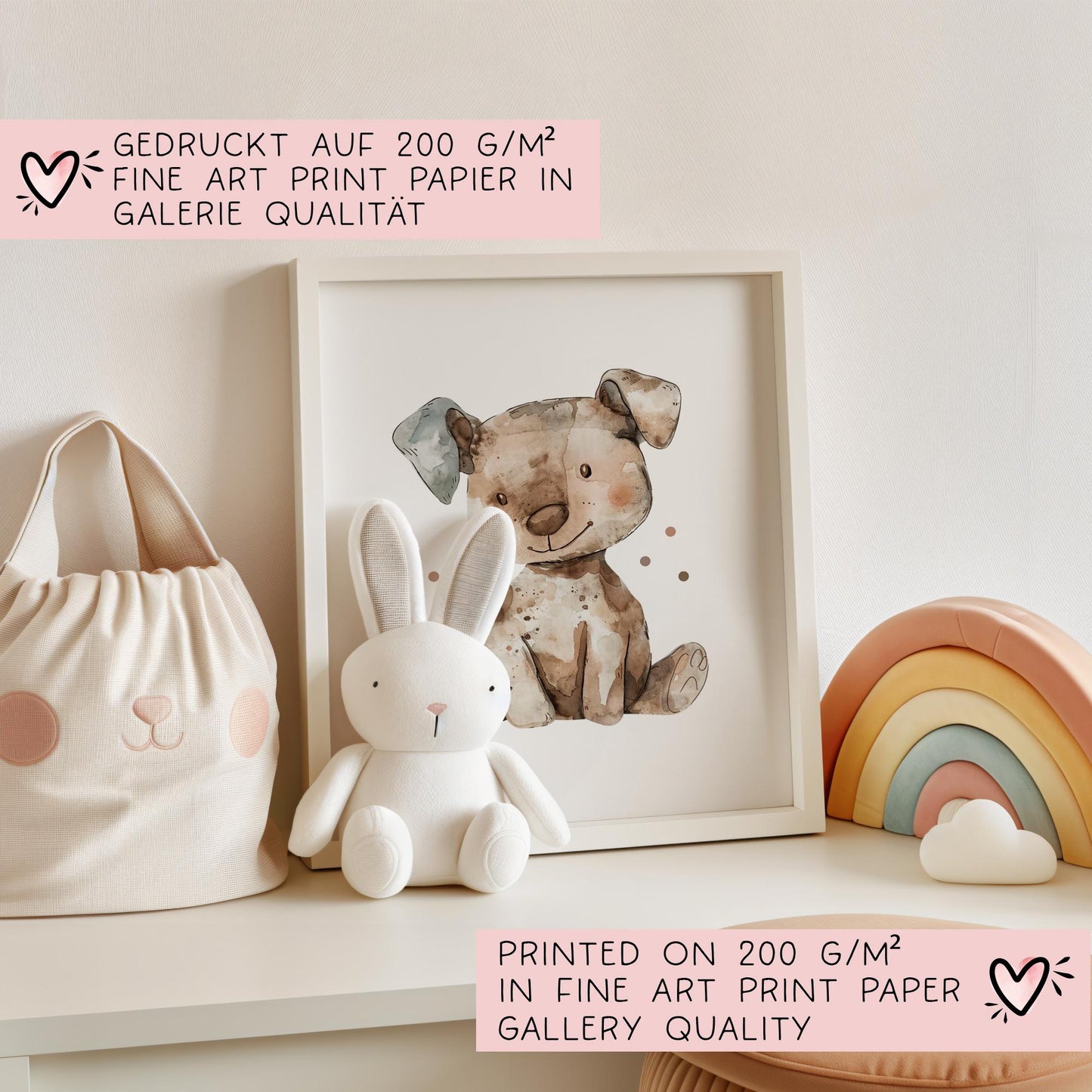 Hund DIN A4 Poster mit Namen - Personalisiert mit od. ohne Namen für Kinderzimmer - Namensposter - Geschenkidee - Geschenk - Wanddeko -Tiere kleinebuchstaben