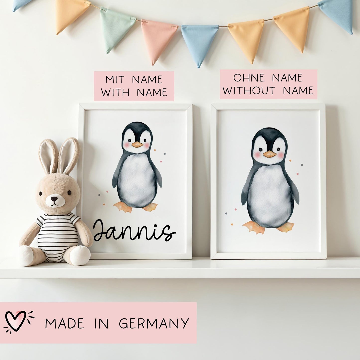 Pinguin DIN A4 Poster mit Namen - Personalisiert mit od. ohne Namen für Kinderzimmer - Namensposter - Geschenkidee - Geschenk - Wanddeko kleinebuchstaben