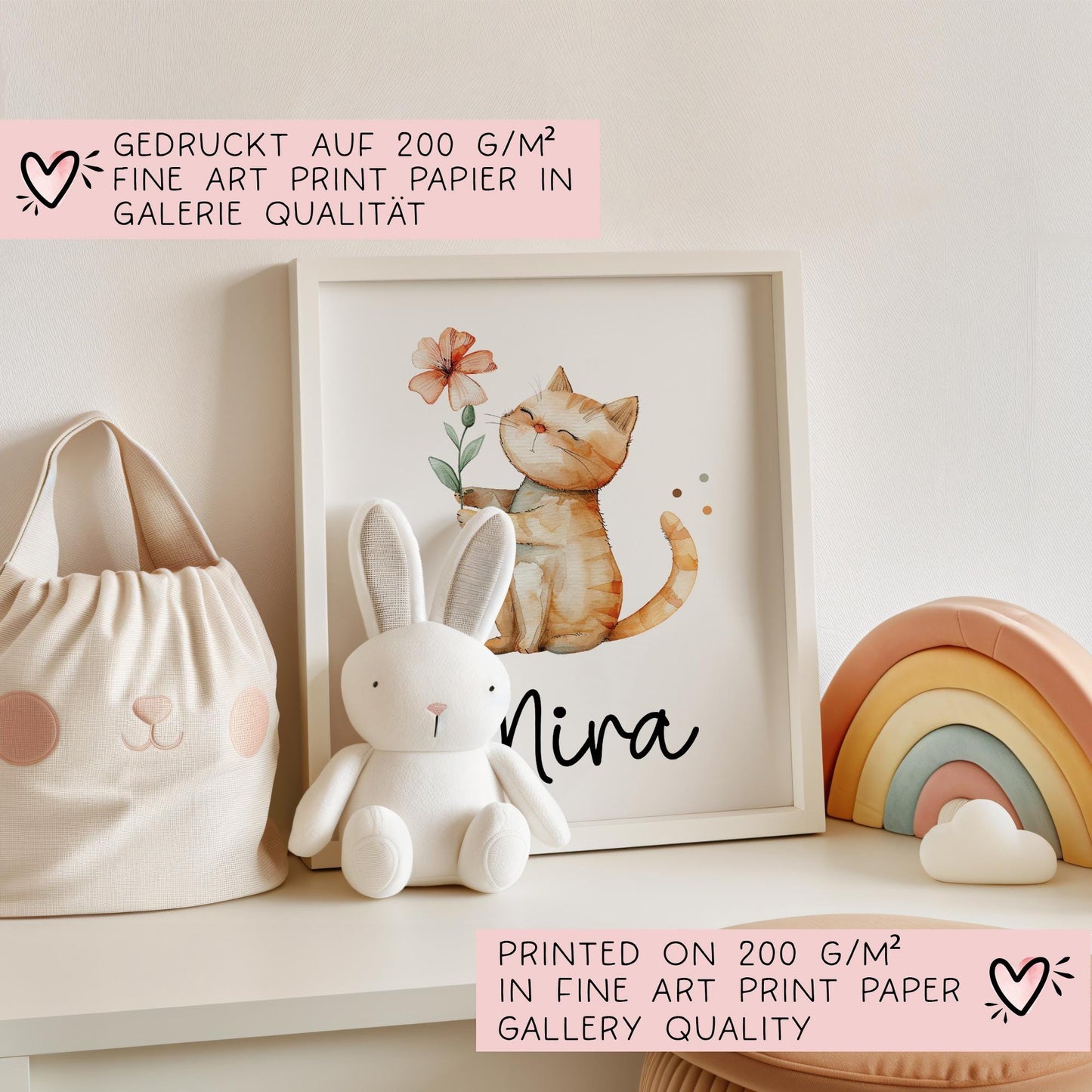 Poster Katze A2 A3 A4 Wunschname Kinderposter Poster Kinderzimmer Poster Baby Geschenk Mädchen Geschenk Junge Poster Kinder Tierposter kleinebuchstaben