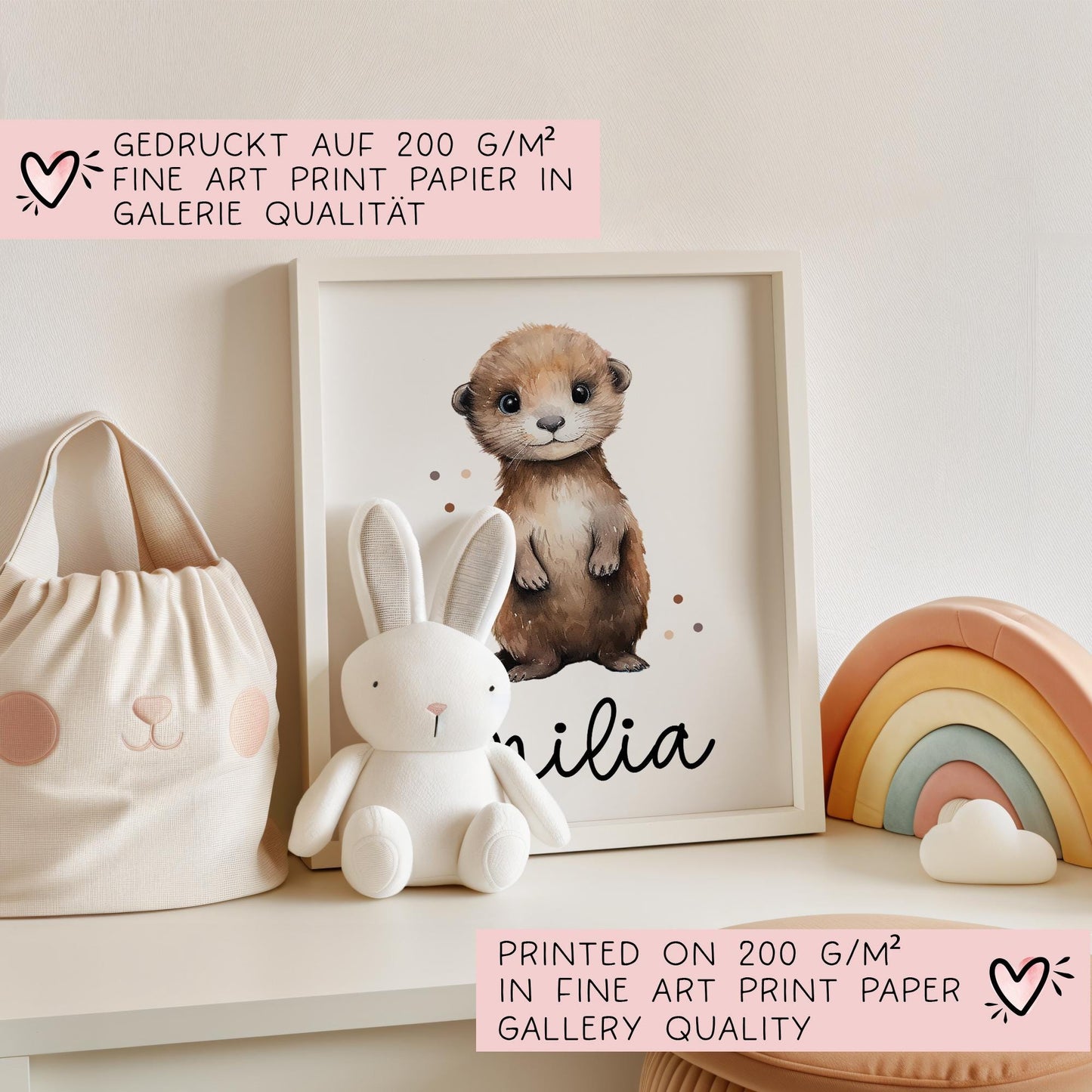 Poster Otter A2 A3 A4 Wunschname Kinderposter Poster Kinderzimmer Poster Baby Geschenk Mädchen Geschenk Junge Poster Kinder Tierposter kleinebuchstaben