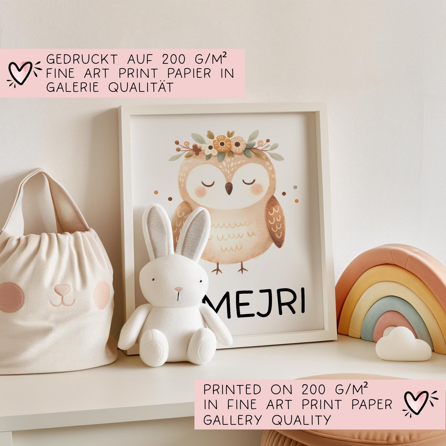 Poster Eule A2 A3 A4 Wunschname Kinderposter Poster Kinderzimmer Poster Baby Geschenk Mädchen Geschenk Junge Poster Kinder Tierposter kleinebuchstaben