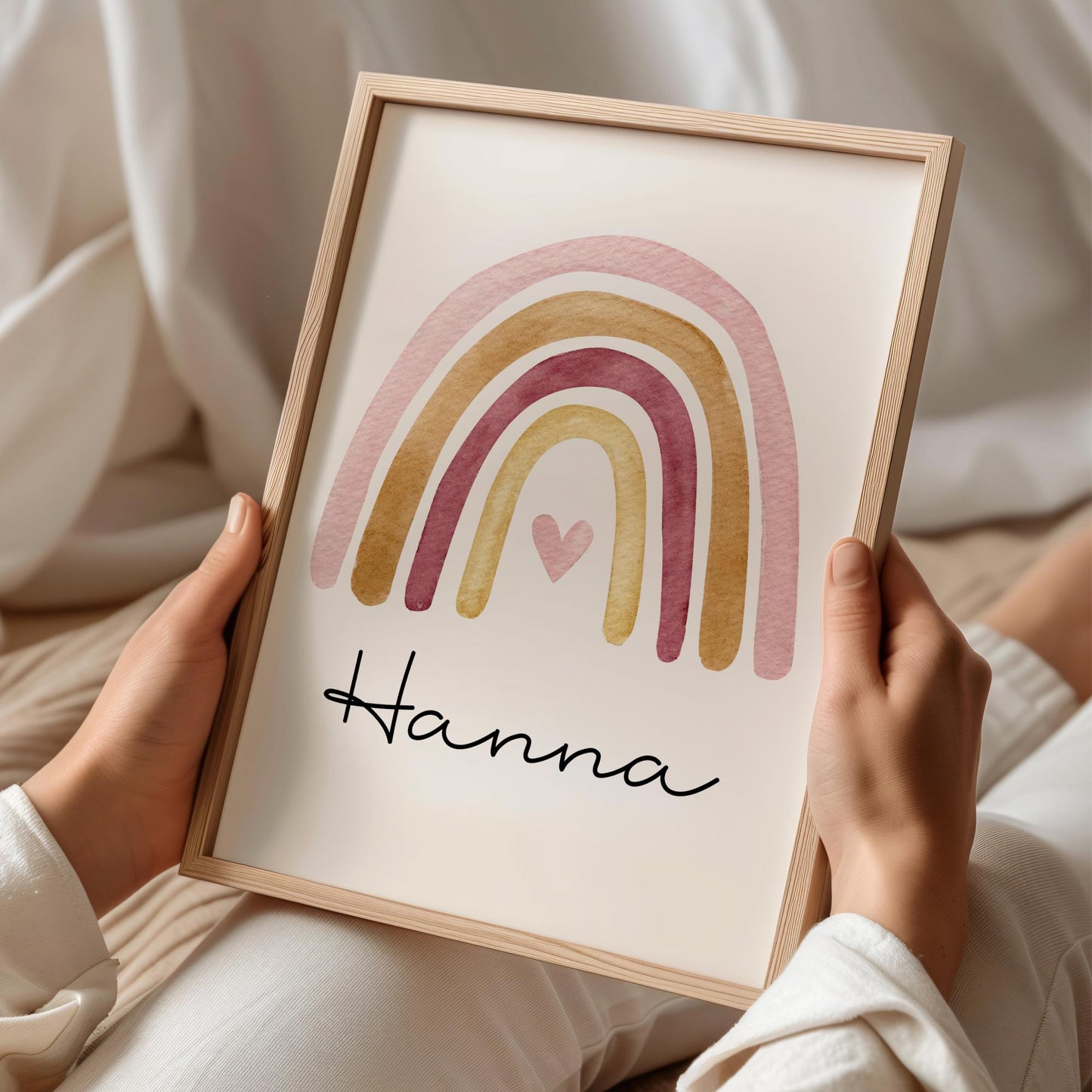 Regenbogen Boho Poster Personalisiert mit oder ohne Namen für Kinderzimmer. Namensposter - Geschenkidee. Geschenk Baby - Wanddeko - Rosa Rot kleinebuchstaben DIN A4 (21x29,7 cm) Schriftart 1