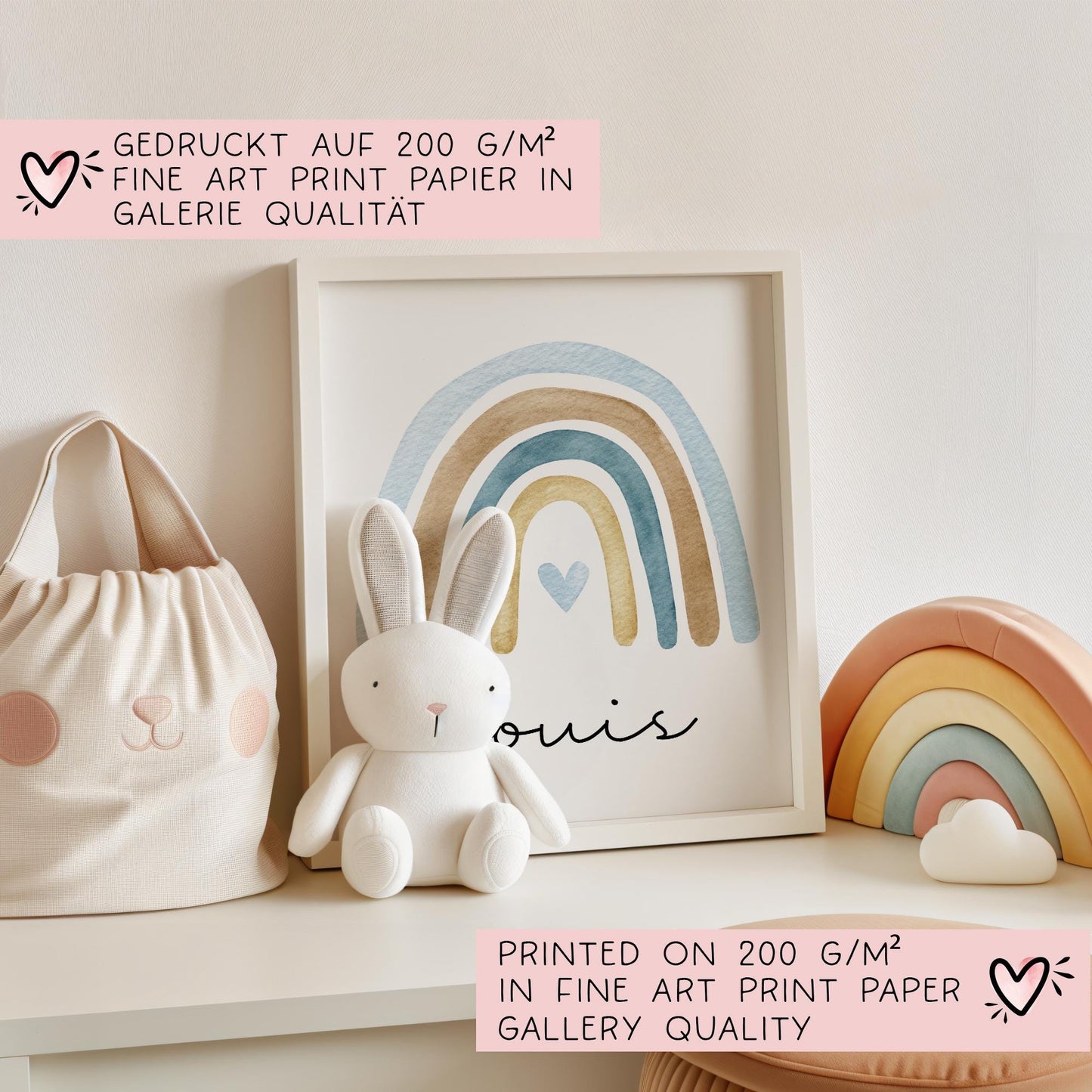 Poster Regenbogen Boho Personalisiert mit oder ohne Namen für Kinderzimmer. Namensposter - Geschenkidee. Geschenk Baby - Wanddeko - Blau kleinebuchstaben