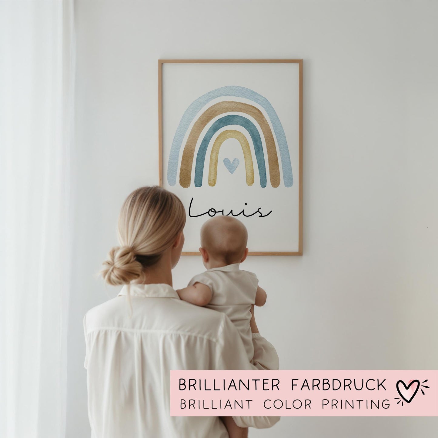 Poster Regenbogen Boho Personalisiert mit oder ohne Namen für Kinderzimmer. Namensposter - Geschenkidee. Geschenk Baby - Wanddeko - Blau kleinebuchstaben