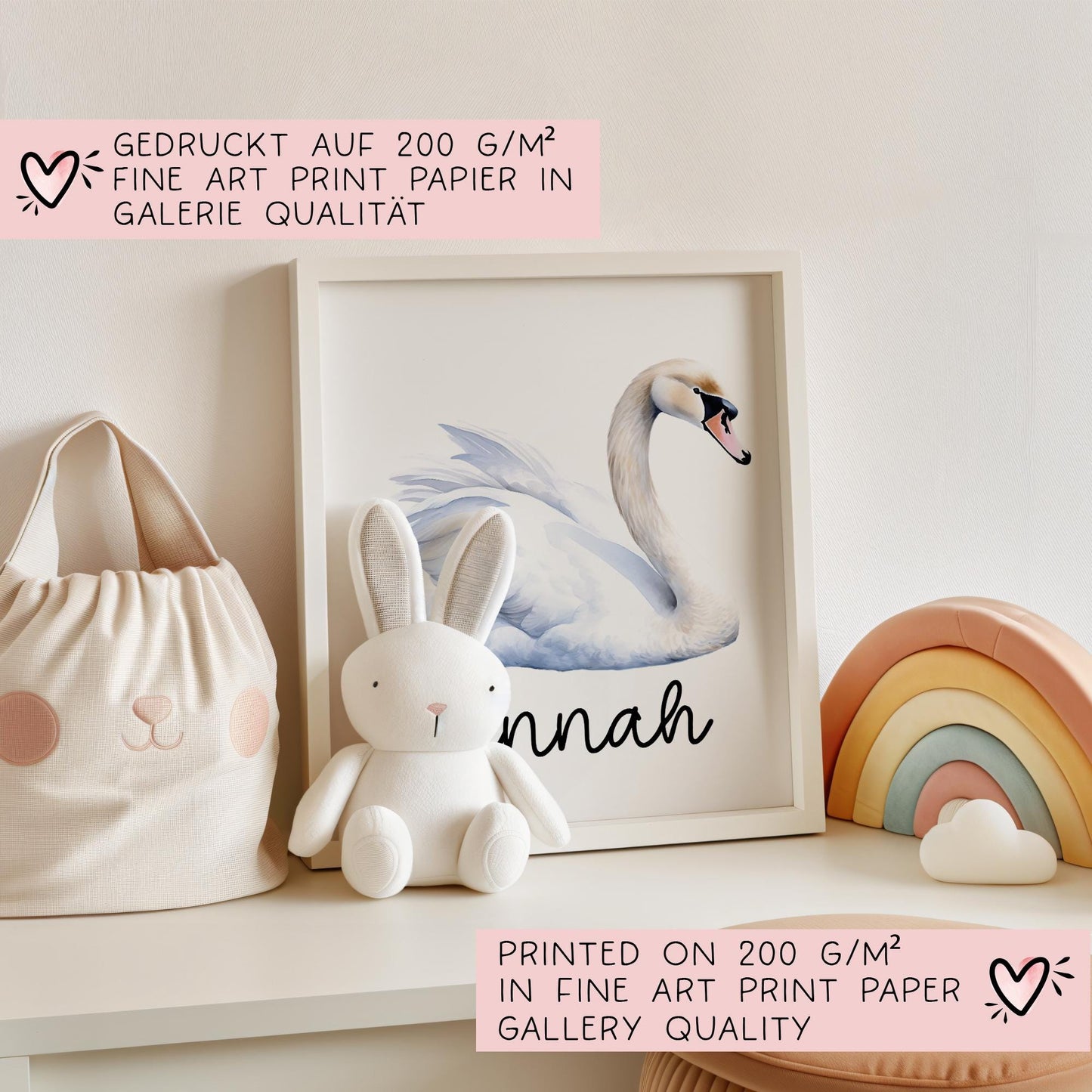 Poster Schwan A2 A3 A4 Wunschname Kinderposter Poster Kinderzimmer Poster Baby Geschenk Mädchen Geschenk Junge Poster Kinder Tierposter kleinebuchstaben