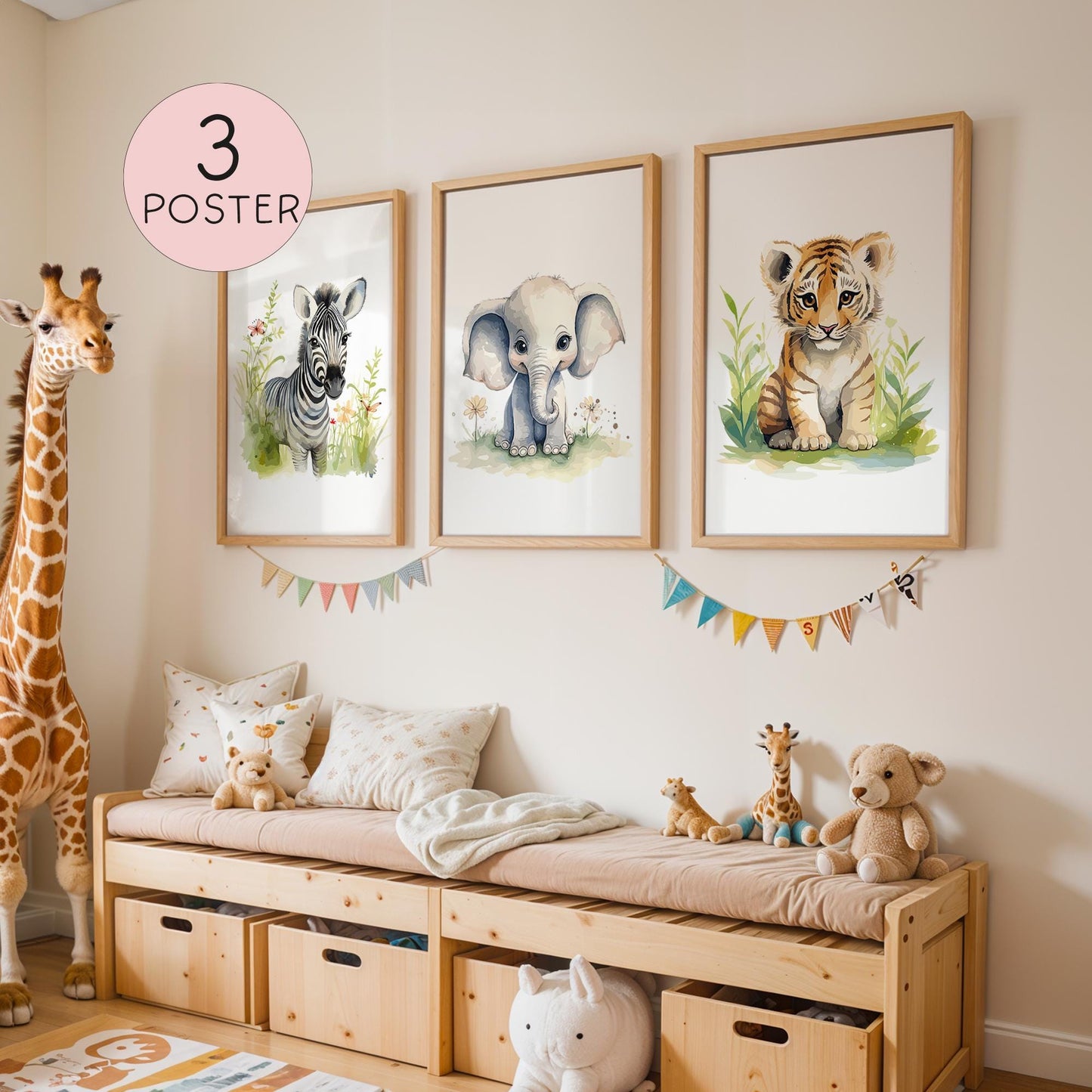 Wandbild 3er Wandposter Baby Zebra Elefant Tiger - Safari - Kinderzimmer - Tierposter - Kinderbild - Wanddeko - Sofort Download - Bilder kleinebuchstaben