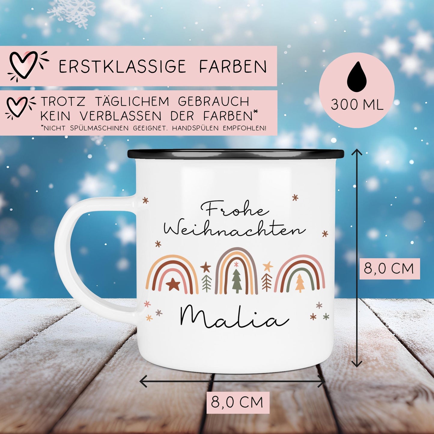 Personalisierte Emaille Tasse Regenbogen - Becher - Weihnachten - Nikolaus - Namenstasse - Weihnachtstasse - Christmas Tasse Keramiktasse kleinebuchstaben