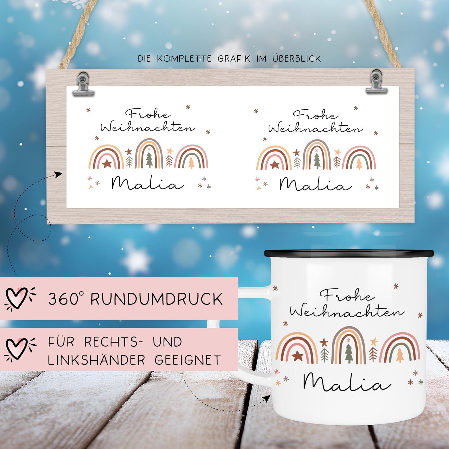 Personalisierte Emaille Tasse Regenbogen - Becher - Weihnachten - Nikolaus - Namenstasse - Weihnachtstasse - Christmas Tasse Keramiktasse kleinebuchstaben