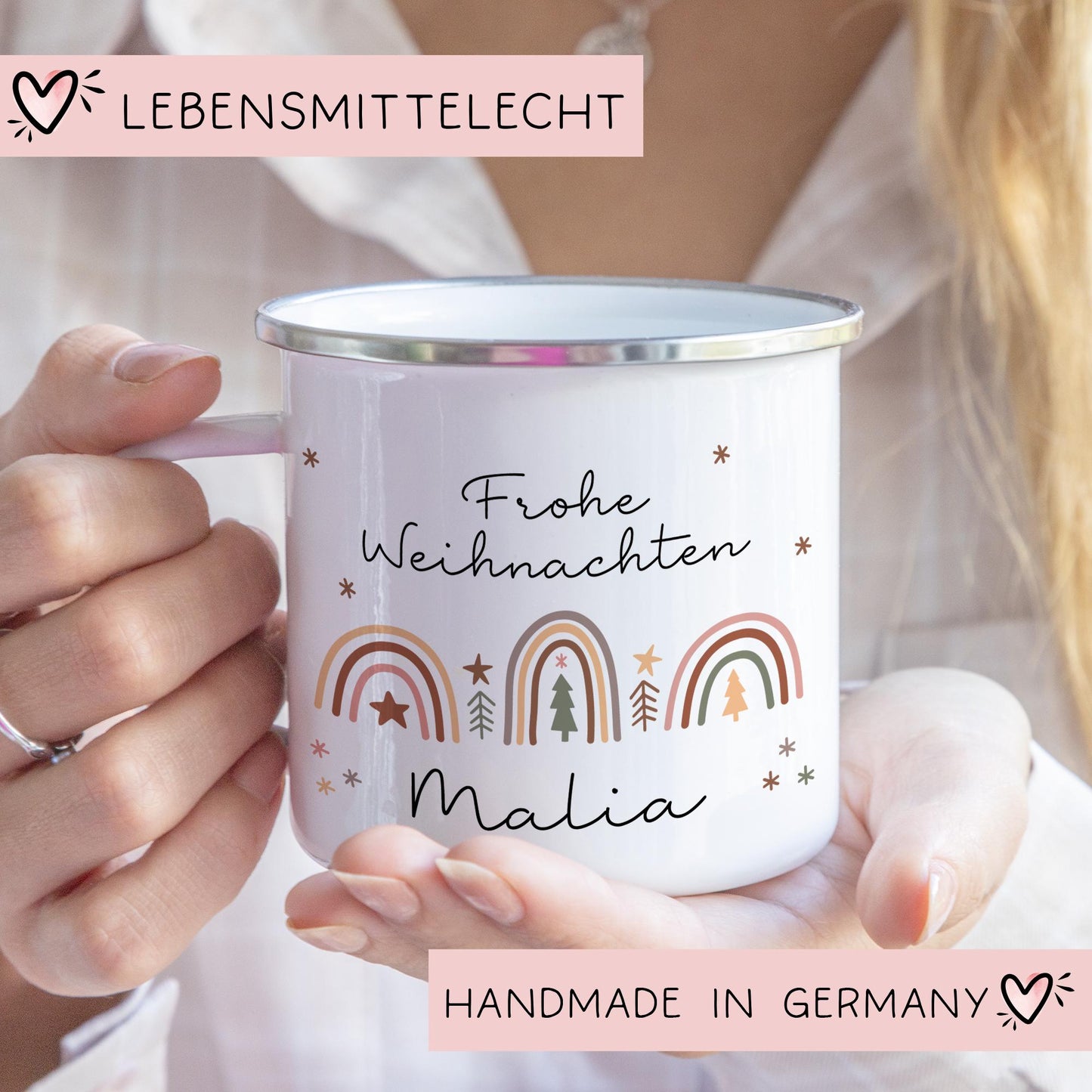 Personalisierte Emaille Tasse Regenbogen - Becher - Weihnachten - Nikolaus - Namenstasse - Weihnachtstasse - Christmas Tasse Keramiktasse kleinebuchstaben Randfarbe: Silber Schriftart 1