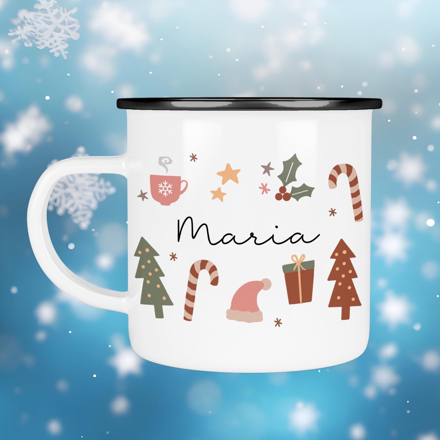 Personalisierte Weihnachten Emaille Tasse - Becher - Weihnachten - Nikolaus - Namenstasse - Weihnachtstasse - Weihnachtsbecher - Tasse kleinebuchstaben Randfarbe: Schwarz Schriftart 1