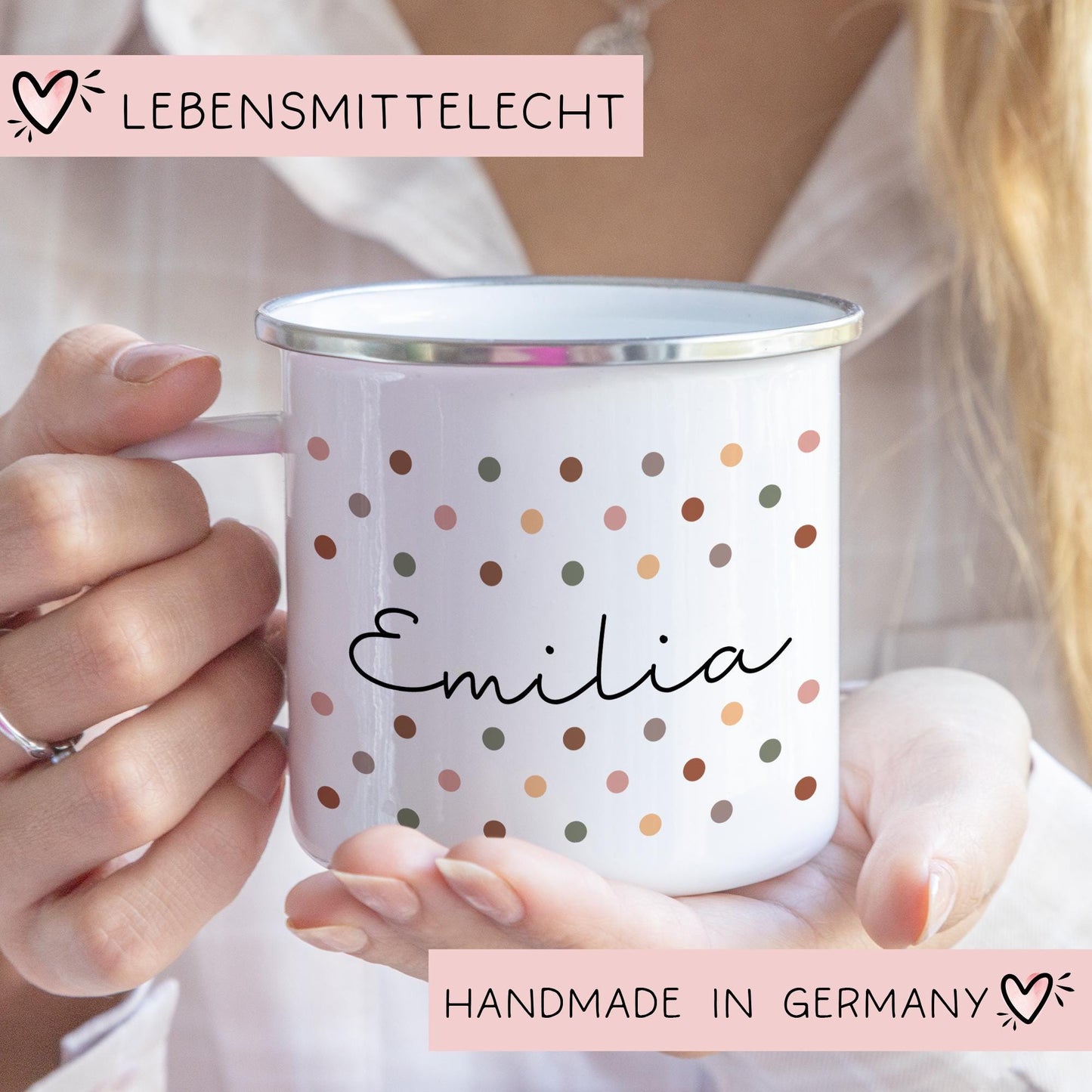 Weihnachten Nikolaus Emaille Tasse - Becher - Wunschnamen - Namenstasse - Weihnachtstasse - Weihnachtsbecher - Tasse - Papa - Mama - Oma kleinebuchstaben Randfarbe: Silber Schriftart 1