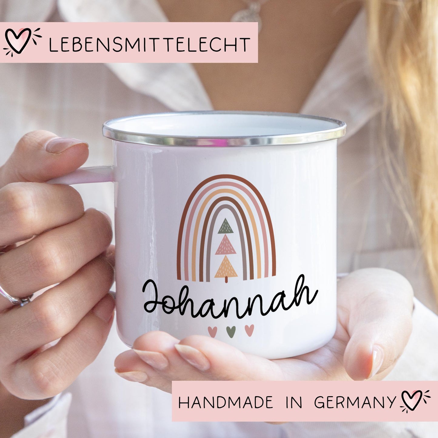 Nikolaus Weihnachten Emaille Tasse - Becher - Personalisiert - Namenstasse - Weihnachtstasse - Weihnachtsbecher - Tasse - Papa - Mama - Oma kleinebuchstaben Randfarbe: Silber Schriftart 1
