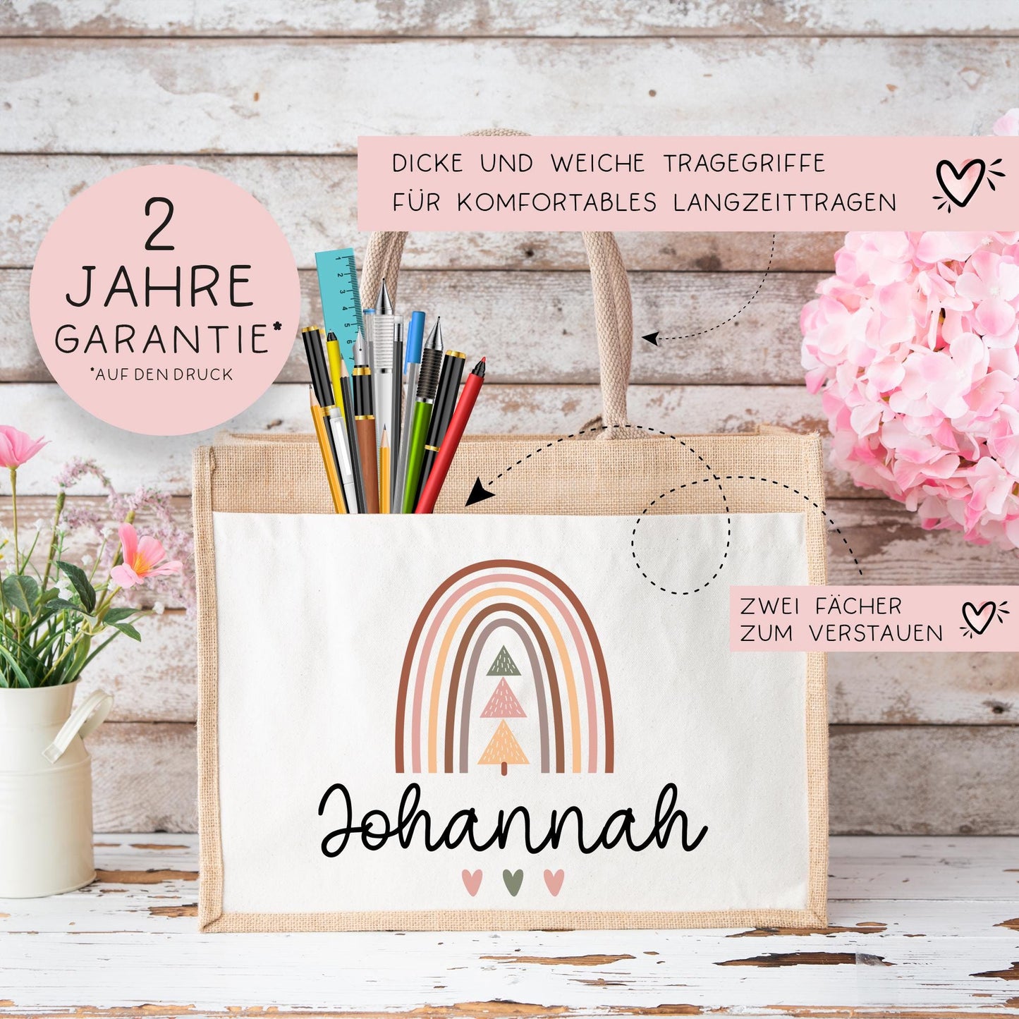 Tasche Weihnachten Personalisiert Nikolaus - Jute Pocket Tasche - Wunschnamen - Regenbogen - Geschenktasche für Kleinigkeiten zu Weihnachten kleinebuchstaben