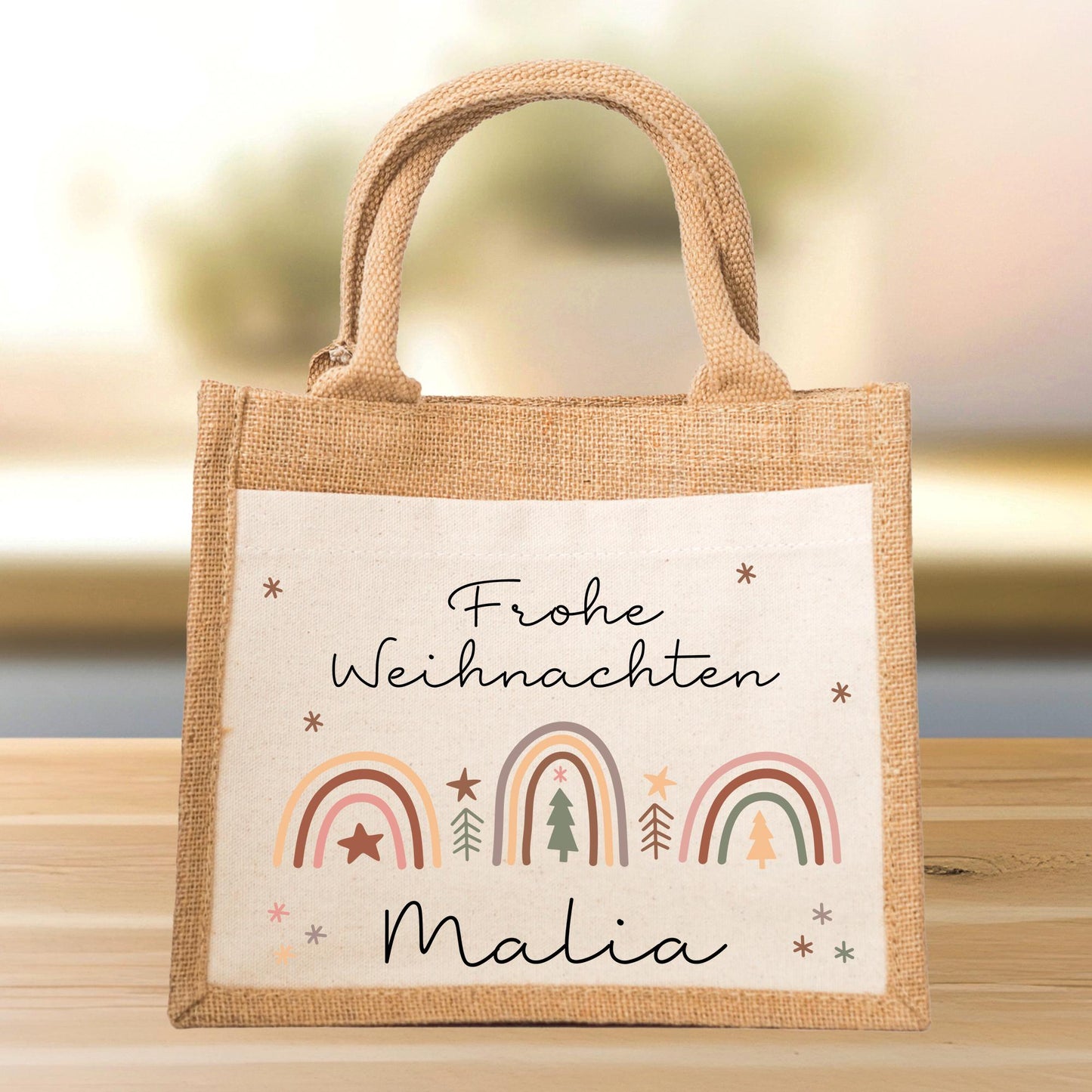 Weihnachten Tasche Personalisiert Nikolaus - Jute Pocket Tasche - Wunschnamen - Regenbogen - Geschenktasche für Kleinigkeiten zu Weihnachten kleinebuchstaben