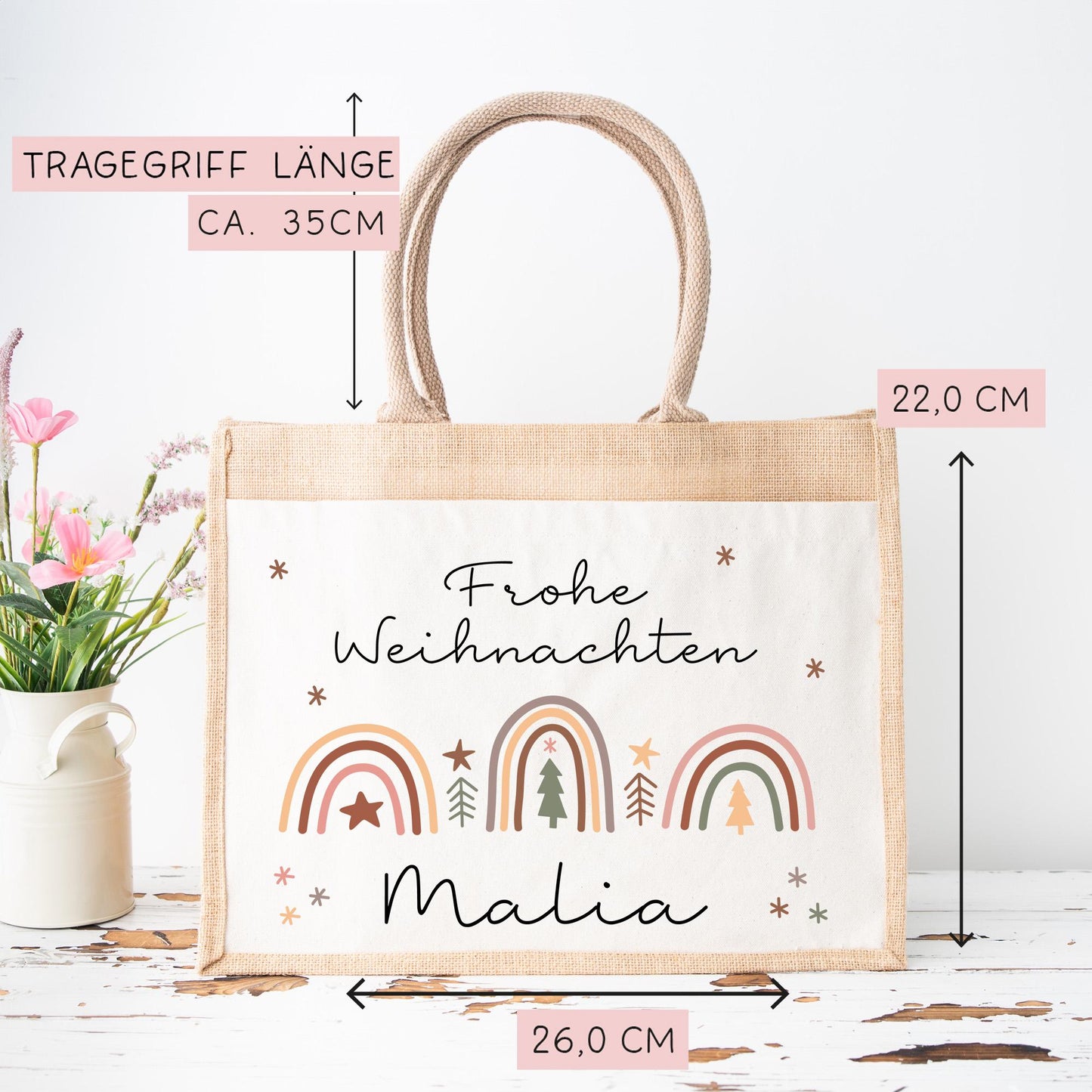 Weihnachten Tasche Personalisiert Nikolaus - Jute Pocket Tasche - Wunschnamen - Regenbogen - Geschenktasche für Kleinigkeiten zu Weihnachten kleinebuchstaben