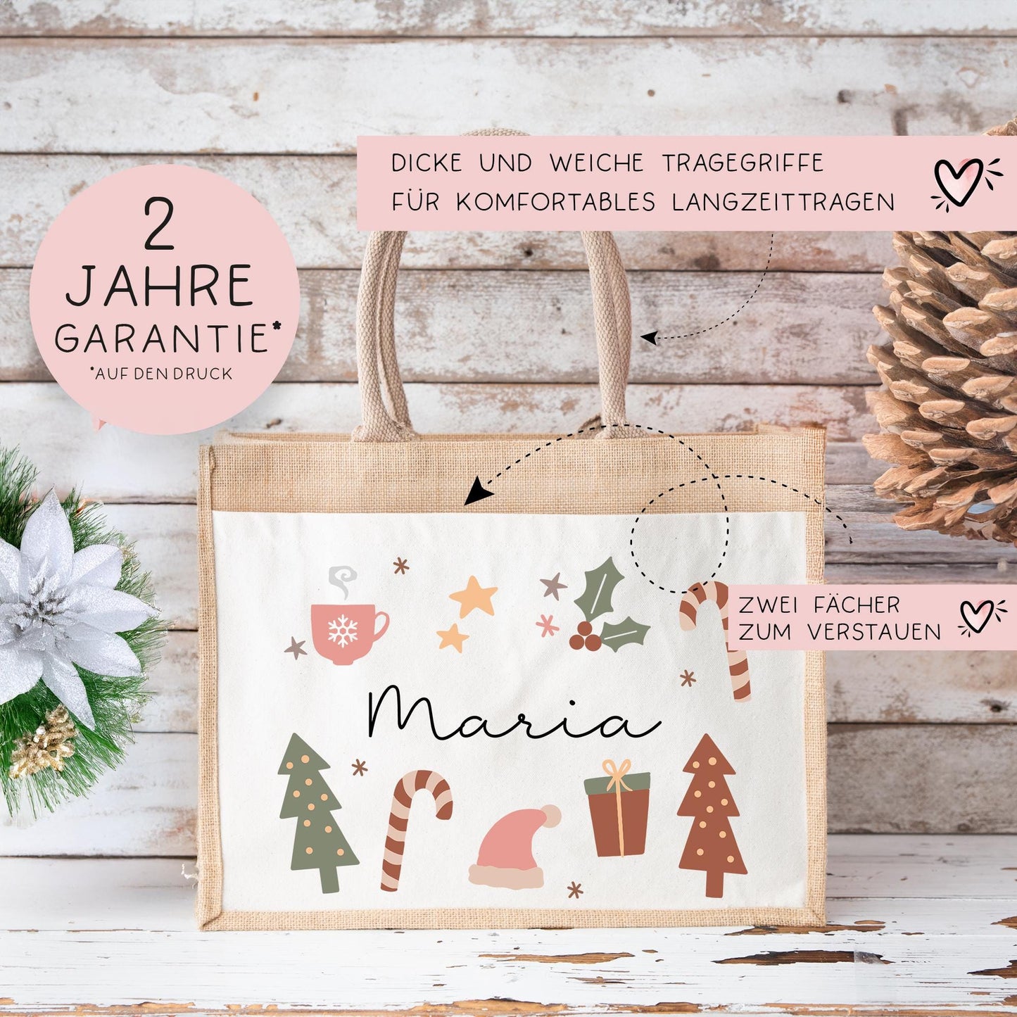 Weihnachten Jute Pocket Tasche Personalisiert Nikolaus - Wunschnamen - Tannenbäume - Geschenktasche für Kleinigkeiten zu Weihnachten Mama kleinebuchstaben
