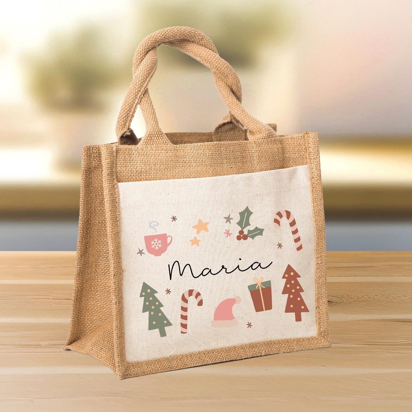 Weihnachten Jute Pocket Tasche Personalisiert Nikolaus - Wunschnamen - Tannenbäume - Geschenktasche für Kleinigkeiten zu Weihnachten Mama kleinebuchstaben