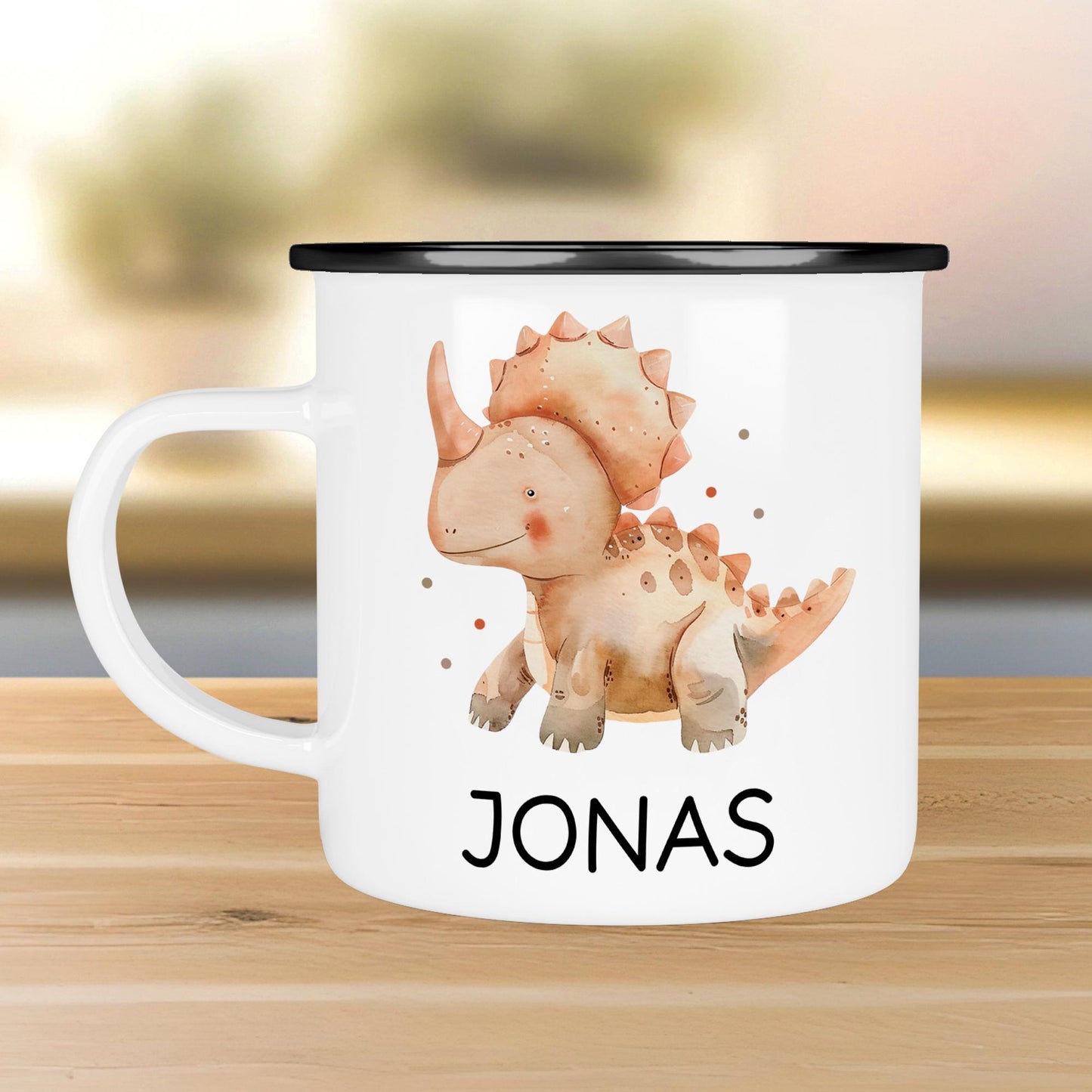Personalisierte Emaille Tasse Becher Dinosaurier - Dino "Triceratops " mit Wunschnamen - Emailletasse für Kinder - Tasse personalisiert kleinebuchstaben Randfarbe: Schwarz Schriftart 1
