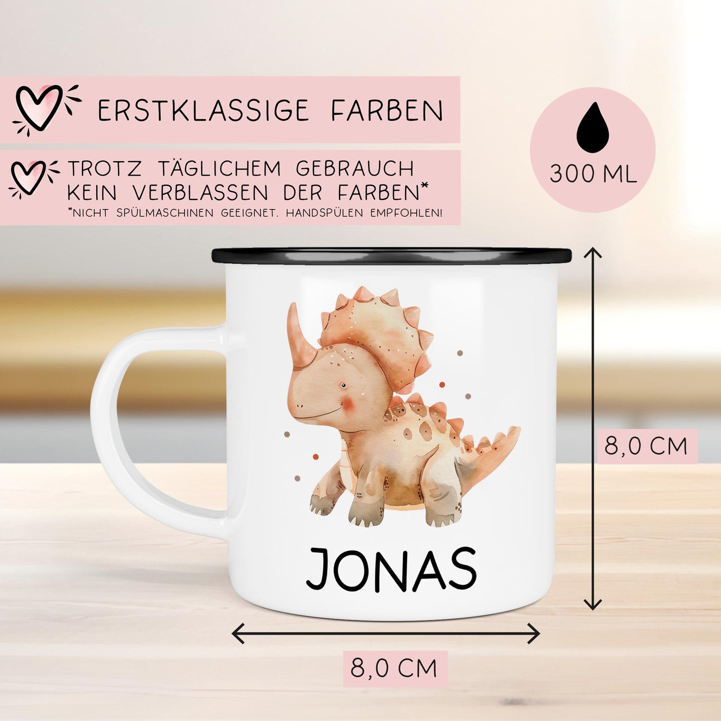 Personalisierte Emaille Tasse Becher Dinosaurier - Dino "Triceratops " mit Wunschnamen - Emailletasse für Kinder - Tasse personalisiert kleinebuchstaben