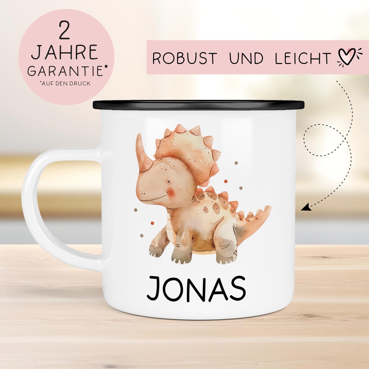 Personalisierte Emaille Tasse Becher Dinosaurier - Dino "Triceratops " mit Wunschnamen - Emailletasse für Kinder - Tasse personalisiert kleinebuchstaben