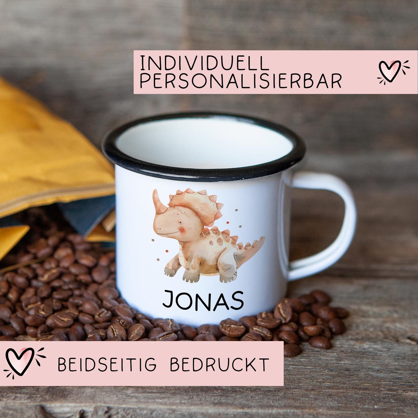 Personalisierte Emaille Tasse Becher Dinosaurier - Dino "Triceratops " mit Wunschnamen - Emailletasse für Kinder - Tasse personalisiert kleinebuchstaben