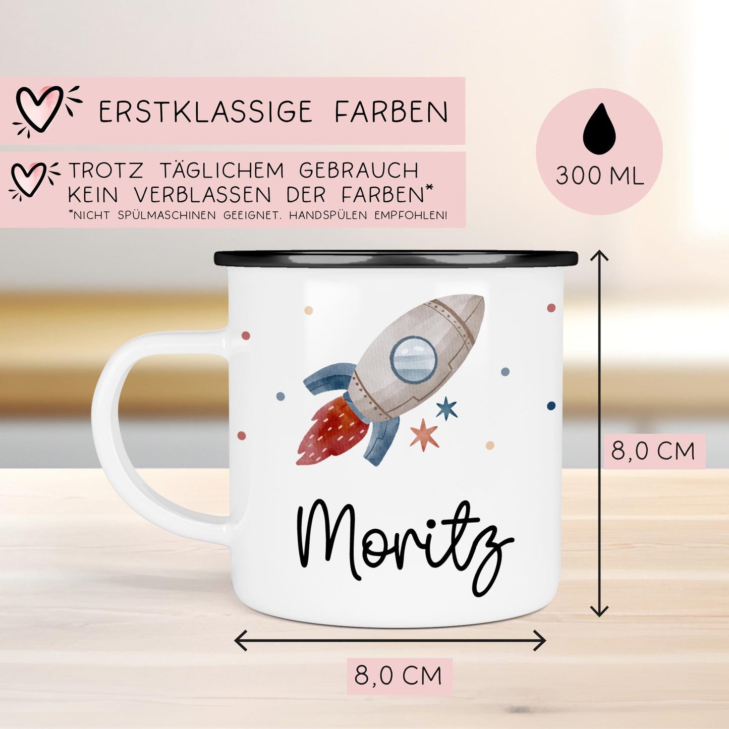 Rakete Emaille Tasse Personalisiert Becher mit Wunschnamen - Emailletasse für Kinder - Tasse personalisiert - Weihnachten - Geburtstag kleinebuchstaben