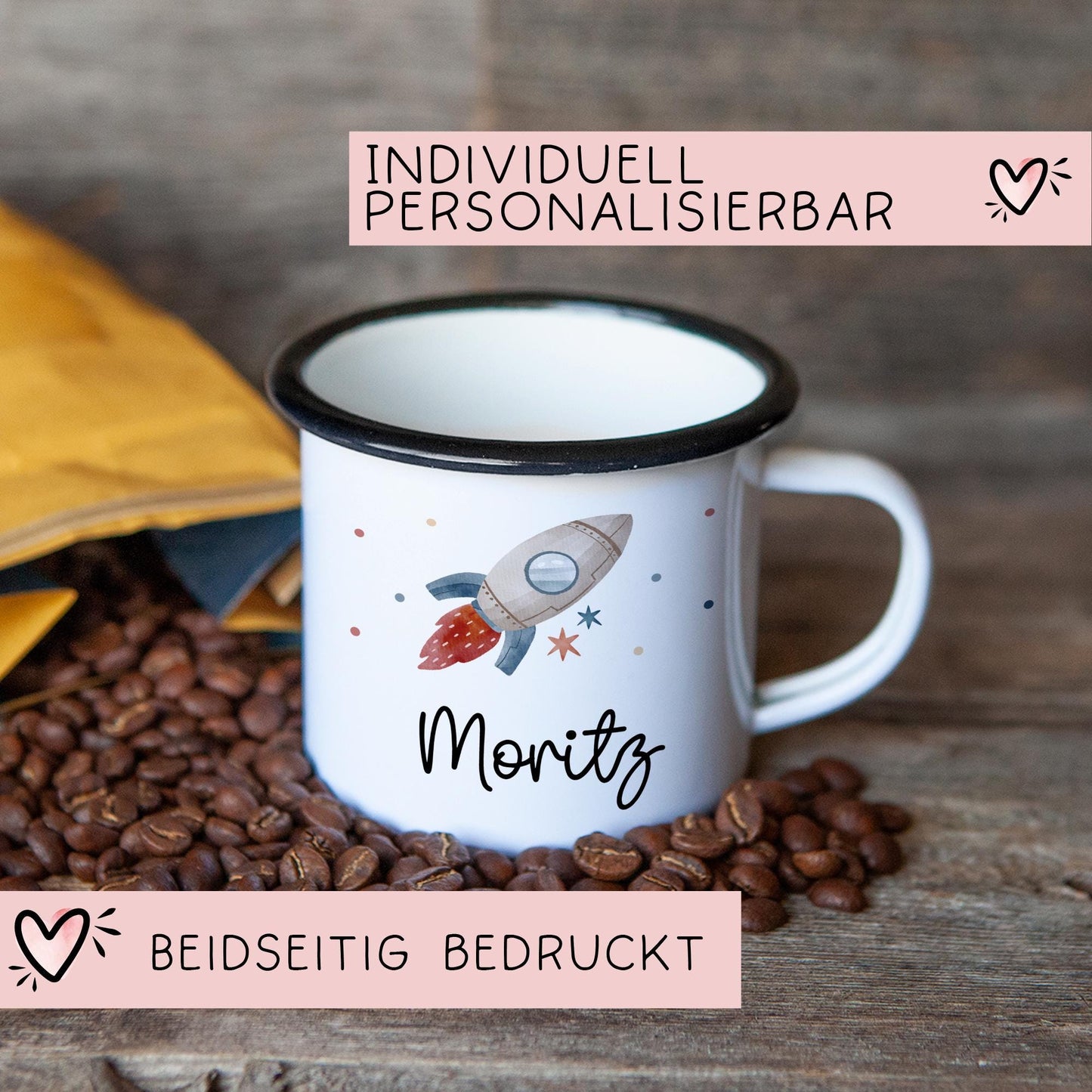 Rakete Emaille Tasse Personalisiert Becher mit Wunschnamen - Emailletasse für Kinder - Tasse personalisiert - Weihnachten - Geburtstag kleinebuchstaben