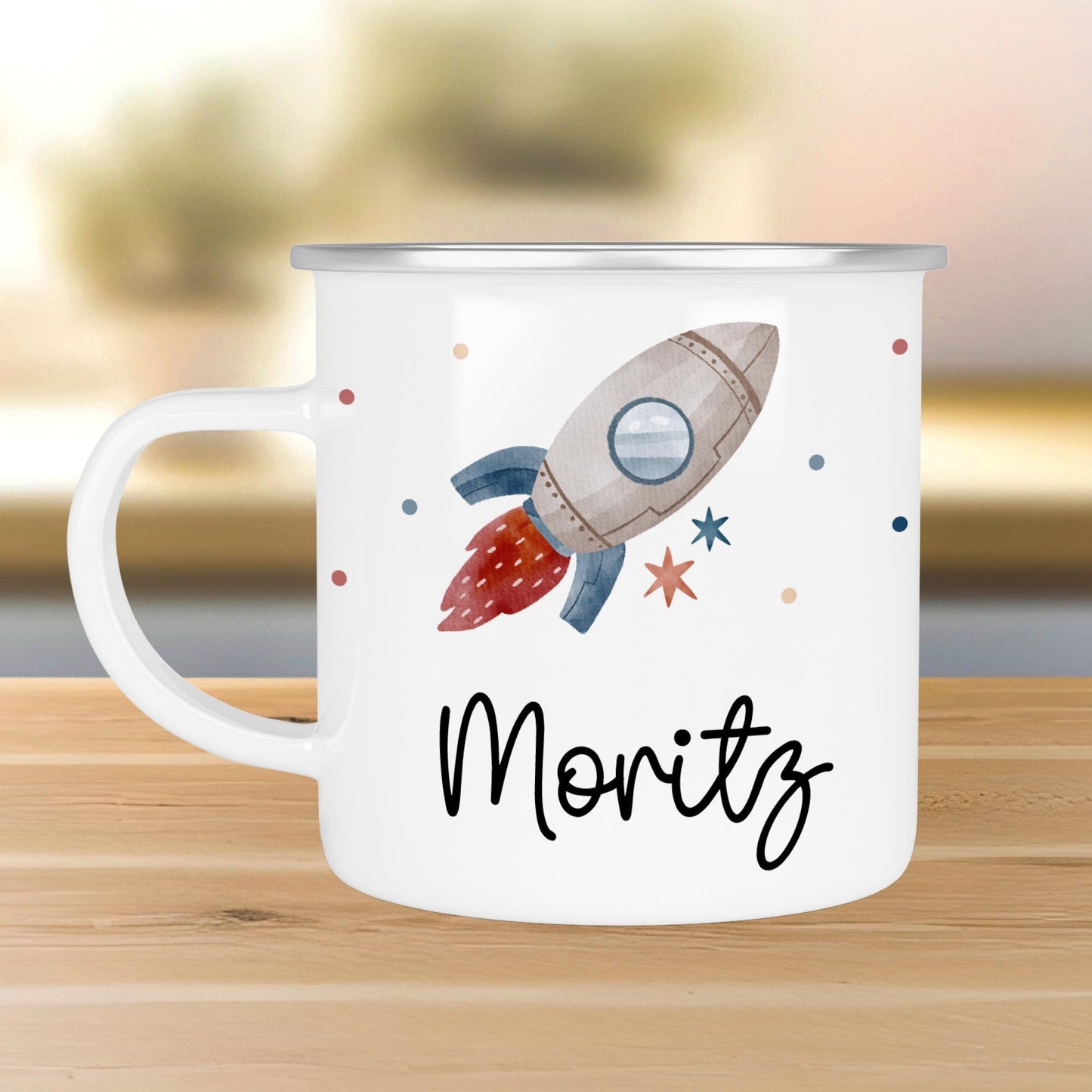 Rakete Emaille Tasse Personalisiert Becher mit Wunschnamen - Emailletasse für Kinder - Tasse personalisiert - Weihnachten - Geburtstag kleinebuchstaben Randfarbe: Silber Schriftart 1
