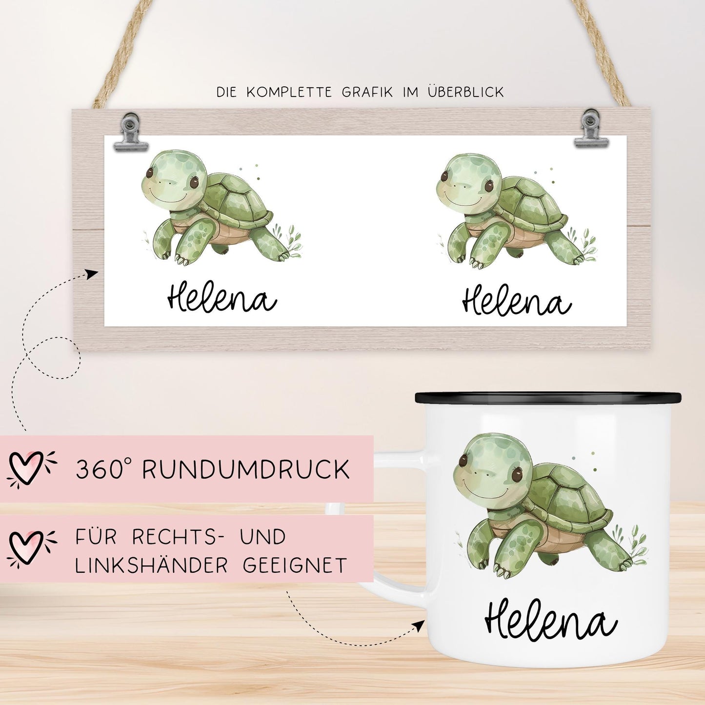 Schildkröte Emaille Tasse Personalisiert Becher mit Wunschnamen - Emailletasse für Kinder - Tasse personalisiert - Weihnachten - Geburtstag kleinebuchstaben
