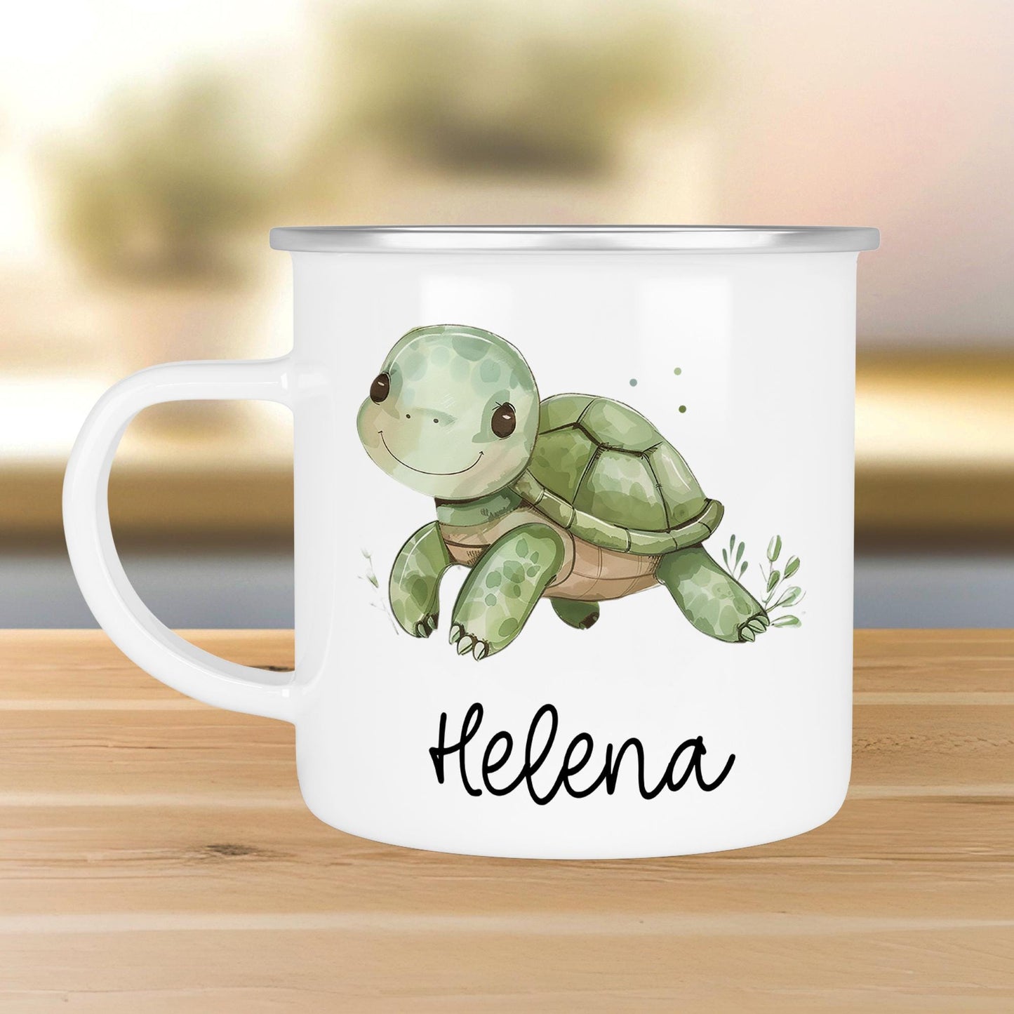 Schildkröte Emaille Tasse Personalisiert Becher mit Wunschnamen - Emailletasse für Kinder - Tasse personalisiert - Weihnachten - Geburtstag kleinebuchstaben Randfarbe: Silber Schriftart 1