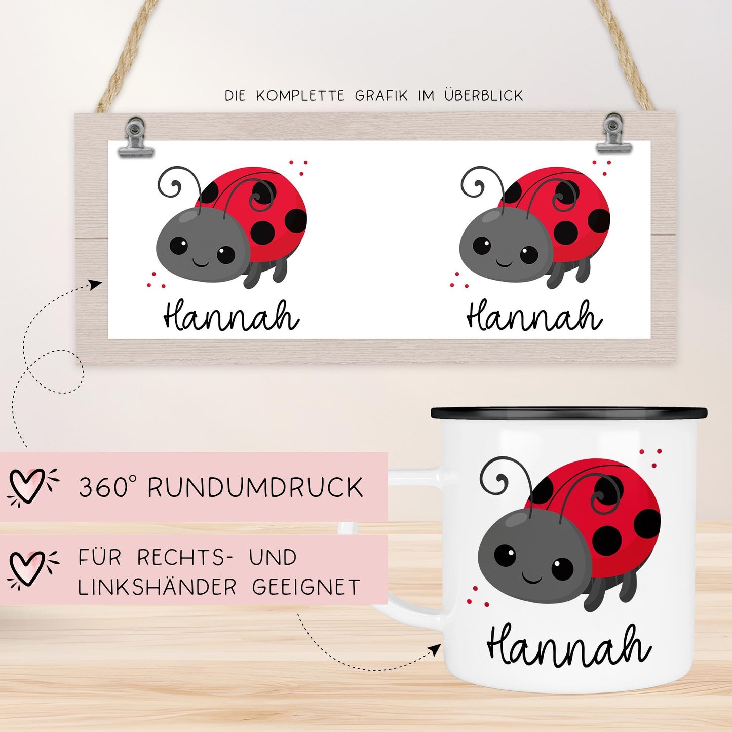 Marienkäfer Emaille Tasse Personalisiert Becher mit Wunschnamen - Emailletasse für Kinder - Tasse personalisiert - Weihnachten - Geburtstag kleinebuchstaben