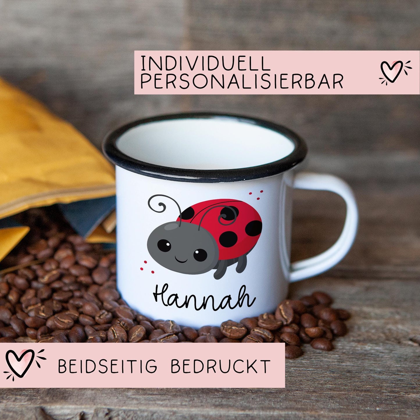 Marienkäfer Emaille Tasse Personalisiert Becher mit Wunschnamen - Emailletasse für Kinder - Tasse personalisiert - Weihnachten - Geburtstag kleinebuchstaben