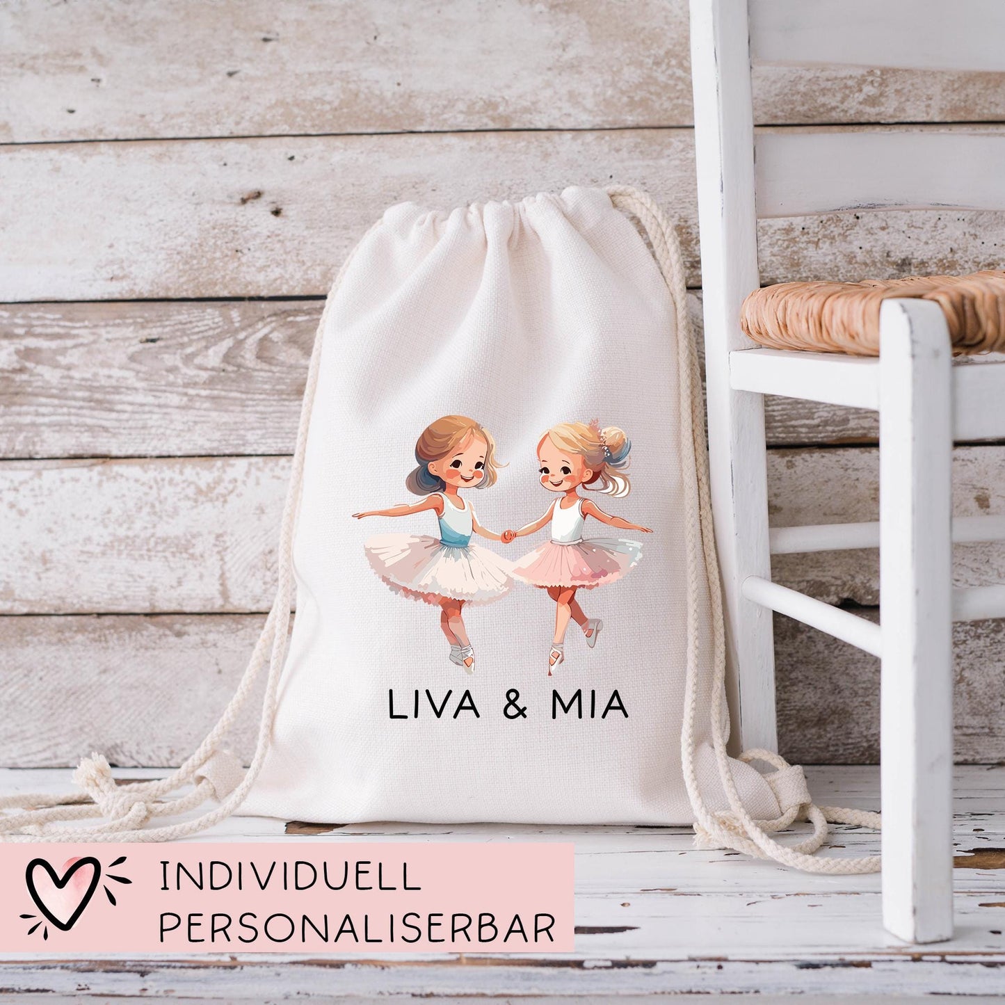 2 Ballerina Turnbeutel Stofftasche mit Namen personalisiert - Rucksack als Sportbeutel für Schule, Kindergarten - Sportbeutel - Schwester kleinebuchstaben